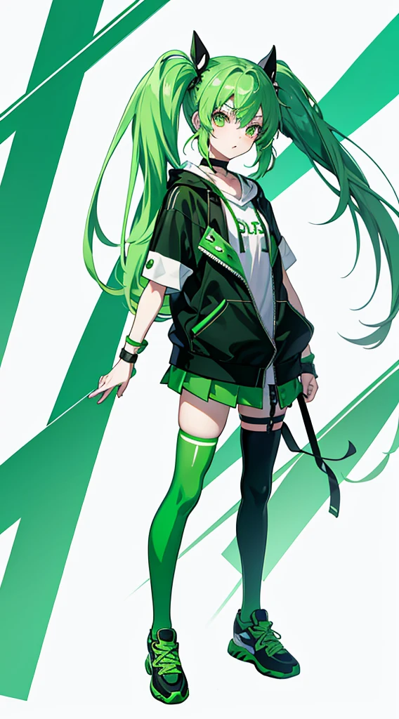 Twin-tailed、Green hair, animesque, Contemporary art, minimalism, High quality