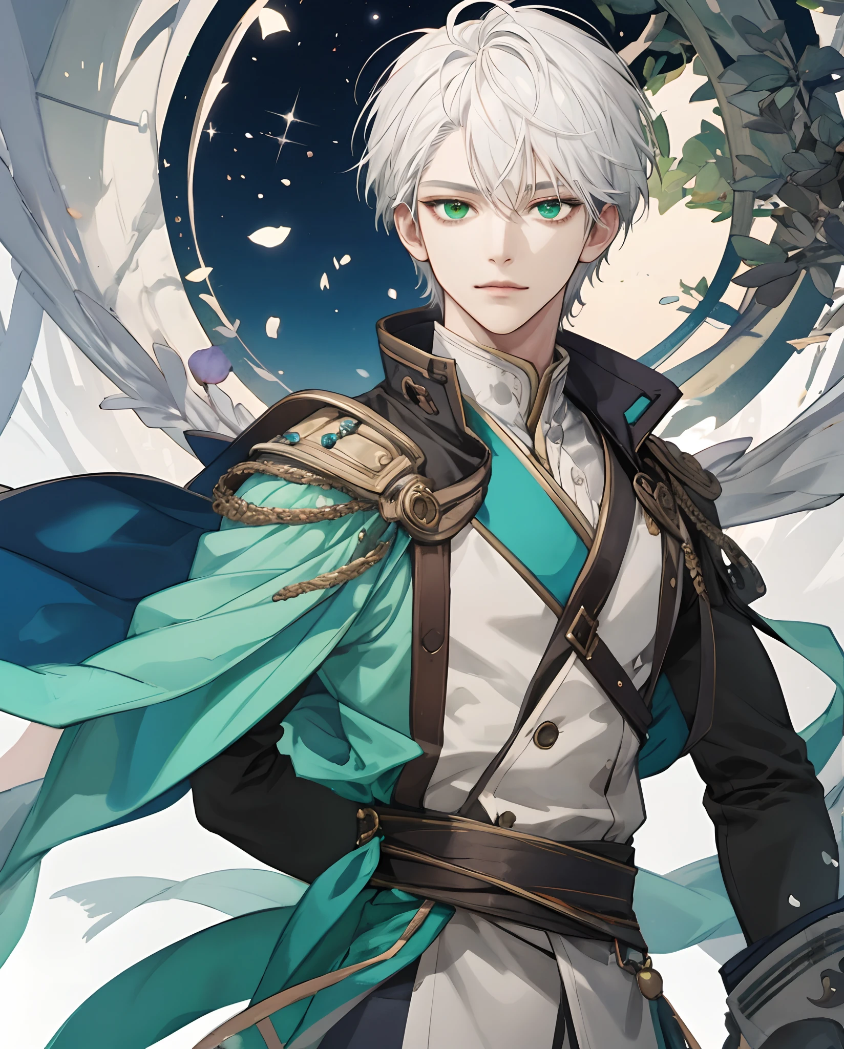 masterpiece、top-quality、超A high resolution、2D Bishonen、animesque、 Boy、White hair、short-haired、Beautiful green eyes、The clothes are also depicted in detail、Eyes are depicted in detail、The face is depicted in detail、sorcerer、soio、Gentle smile、hair adornments、animesque、illustratio