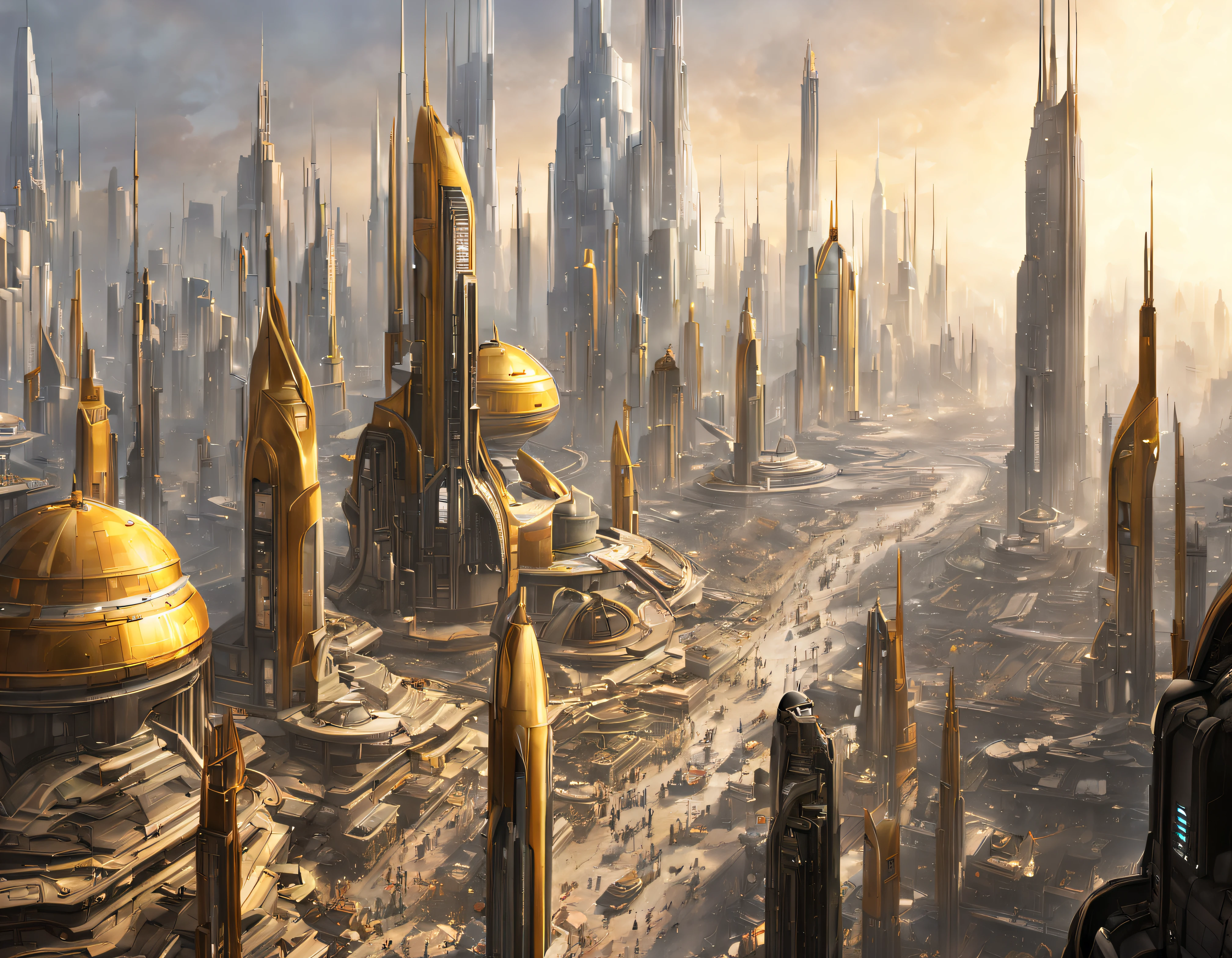 The city of Coruscant from Star Wars as designed by Doug Chiang, futuristic fantasy city with immense buildings of technological design (que forman una avenida infinita), edificios compactor no difuminados, con estructuras acristaladas en plata, oro y bronce espectaculares, (con colores vivos). pavimento ensolado (sin brillo). gente paseando. imagen bien definida con muchos edificios juntos. imagen nitida bien definida 8k. los edificios llegan alta el fondo.,8k. imagen cinematografica. iluminacion hora dorada. calidad superior.