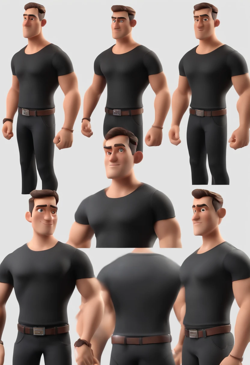 Wearing a black T-shirt and black pants, a short-cut man wears a black watch on his left hand, and puts two hand in his pants pocket.an animated character, Stylized character, animation style rendering, 3D stylized, Arnold Maya render, 3 d render stylized, toon render keyshot, 3D Character, 3D Character, 3d rendering stylized, 3 d character render, cartoon character, Character close up, Character pose, (Pixar Style) (master part:1.2) (Bokeh) (best quality) (detailed skin) (detailed texture) (8k) (clay) (Cinematic lighting) (sharp focus