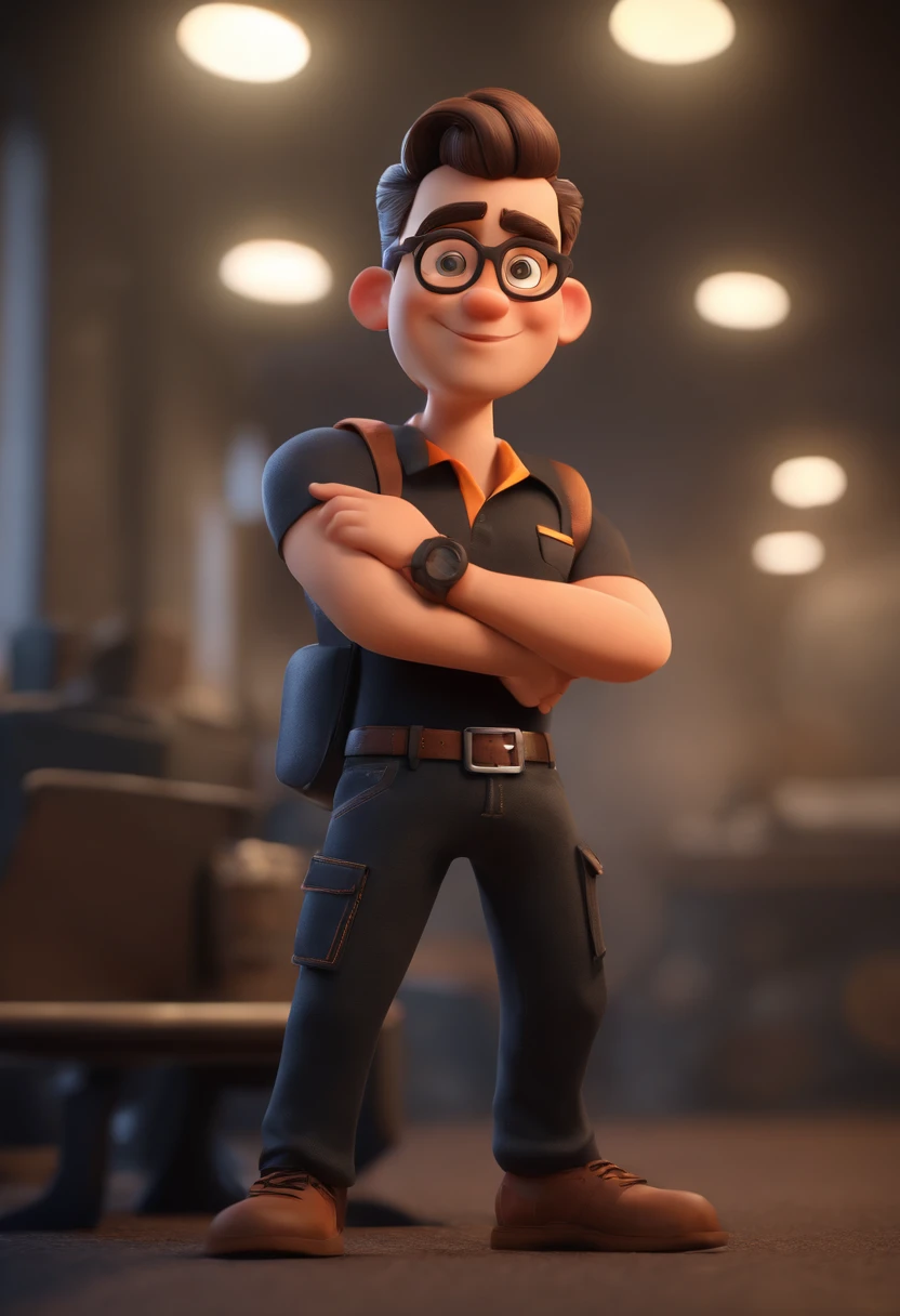 Wearing a black T-shirt and black pants, a short-cut man wears a black watch on his left hand, and puts two hand in his pants pocket.an animated character, Stylized character, animation style rendering, 3D stylized, Arnold Maya render, 3 d render stylized, toon render keyshot, 3D Character, 3D Character, 3d rendering stylized, 3 d character render, cartoon character, Character close up, Character pose, (Pixar Style) (master part:1.2) (Bokeh) (best quality) (detailed skin) (detailed texture) (8k) (clay) (Cinematic lighting) (sharp focus