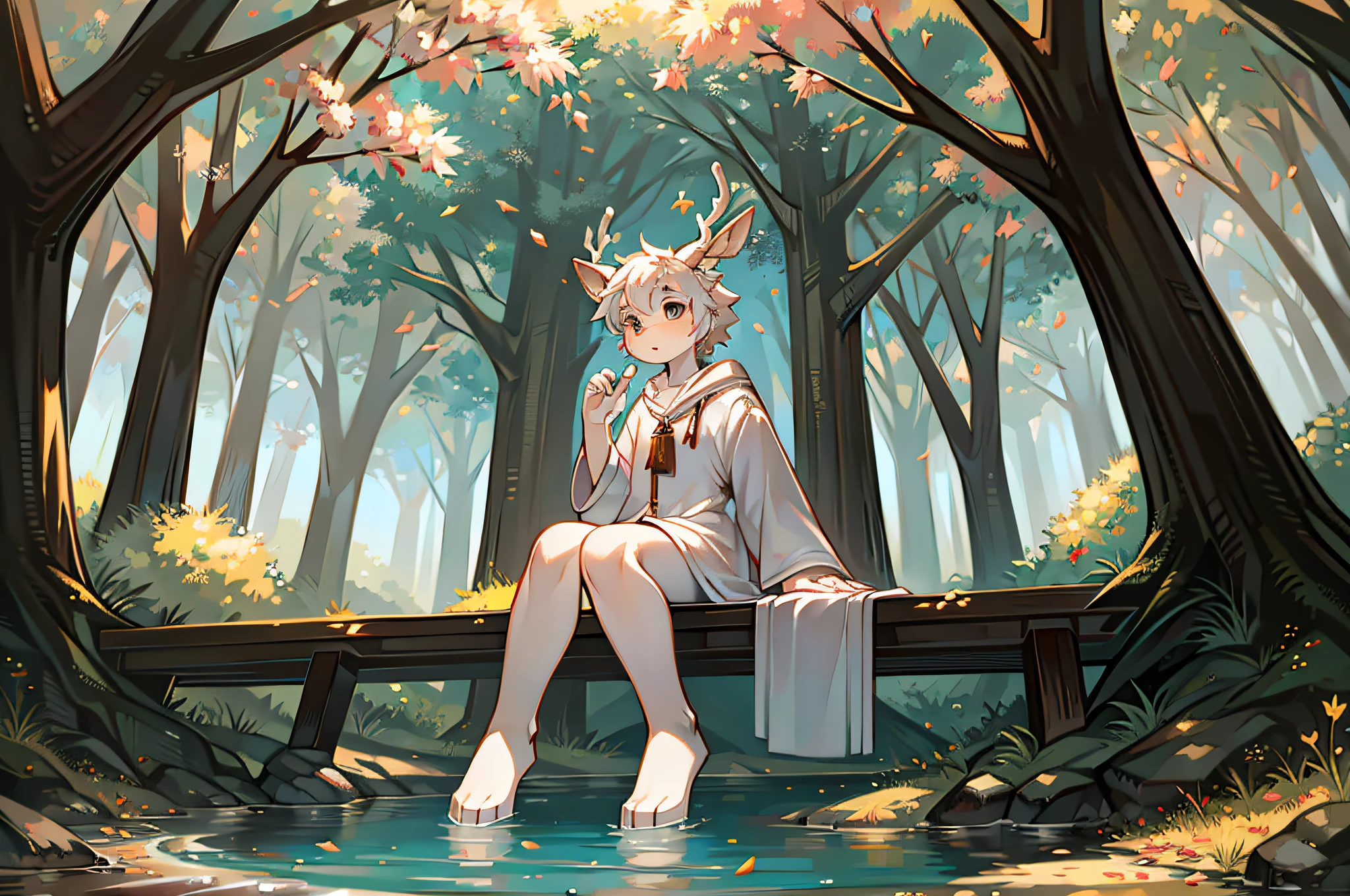 A white deer，White robe，sitting under a tree，Bright spring light，Falling leaves，Flowing creek，out a hand，nerds