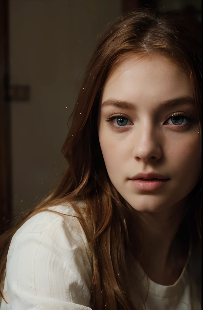 (RAW photo, best quality), (realistic, photo-realistic:1.3),best quality,highly detailed,masterpiece,ultra-detailed,illustration,ginger irish girl,1girl,green_eyes,both eyes are the same,portrait,dynamic angle,world masterpiece theater,messy_long_hair,red_hair,white pale skin, best quality,extremely detailed CG unity 8k wallpaper,ink,Amazing,cinematic lighting,lens_flare, dunhuang_style