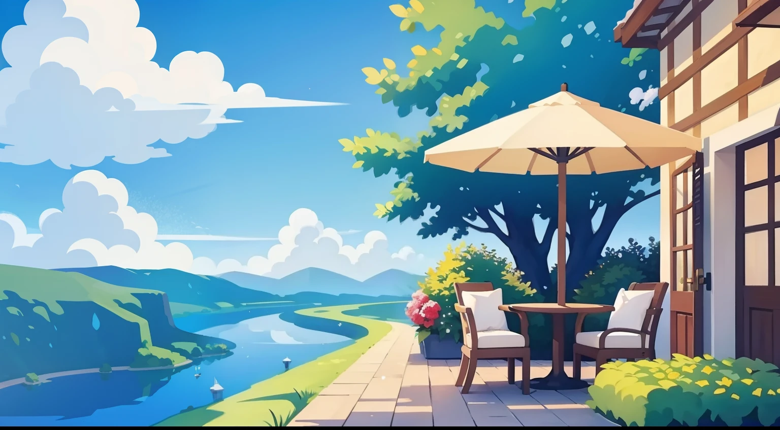 Beautiful landscape painting、Cafe terrace seating、blue-sky、ultra-quality、masutepiece、Natural Color