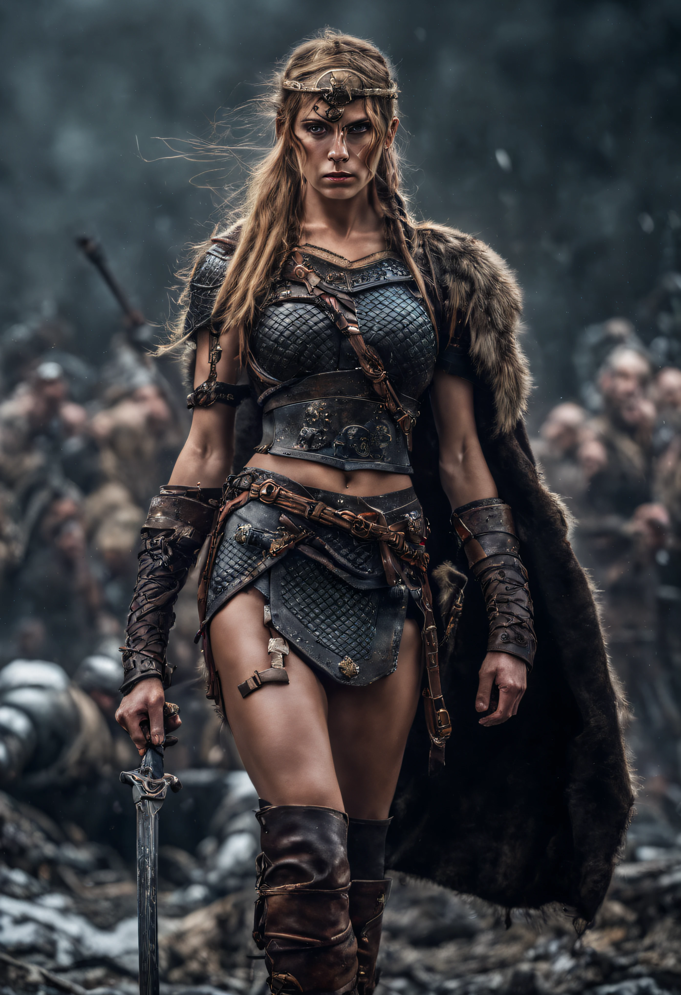 (cuerpo completo), guerrera vikinga, bellisima de ojos verdosos, con sus trenzas rubias largas, su casco de hierro y su correaje y protectores de metal, que dejan entrever un vestido sucio y rasgado con su minifalda sexy, por el fragor de la batalla, Stands in war zone on dynamic walking with frowning, iluminacion de la hora dorada, (intrincados detalles de la maquina).imagen fotorrealista,nitidez maxima, calidad 8k.(obra maestra de calidad superior).