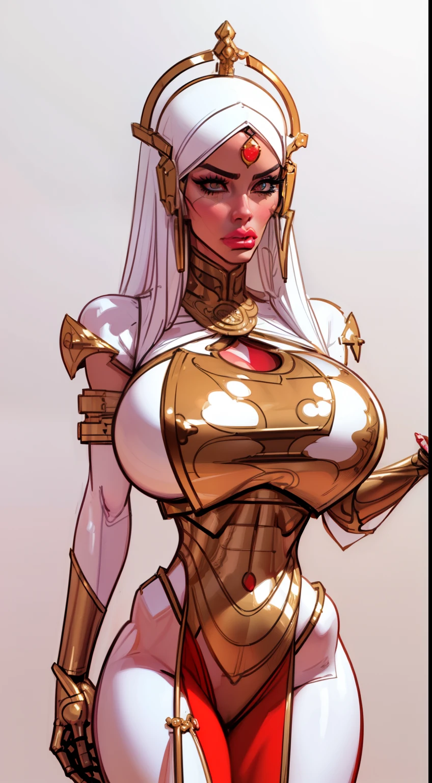 ((masterpiece)),(((best quality))),((character design sheet)), ((full body view)) ((cyberpunk empress)) mature face, ((middle eastern eyes:1.4)), ((cybernetic gown)), (((intricate futuristic breastplate))), defined cheekbones, high cheekbones, illustration, muscular, ((cyber gold:1.4)), sexy bimbo, (gigantic breasts:1.7) black hair, ((detailed face:1.4)) beautiful woman, (Chinese:1.4) (white skin:1.4) , (red lipstick:1.4), shiny skin, scribbles and marks,(puffy lips:1.4) , rough sketches, pose, 8k,16k, (simple background, white background: 1.3) ((warm color palette)), ((cyberpunk aesthetic))