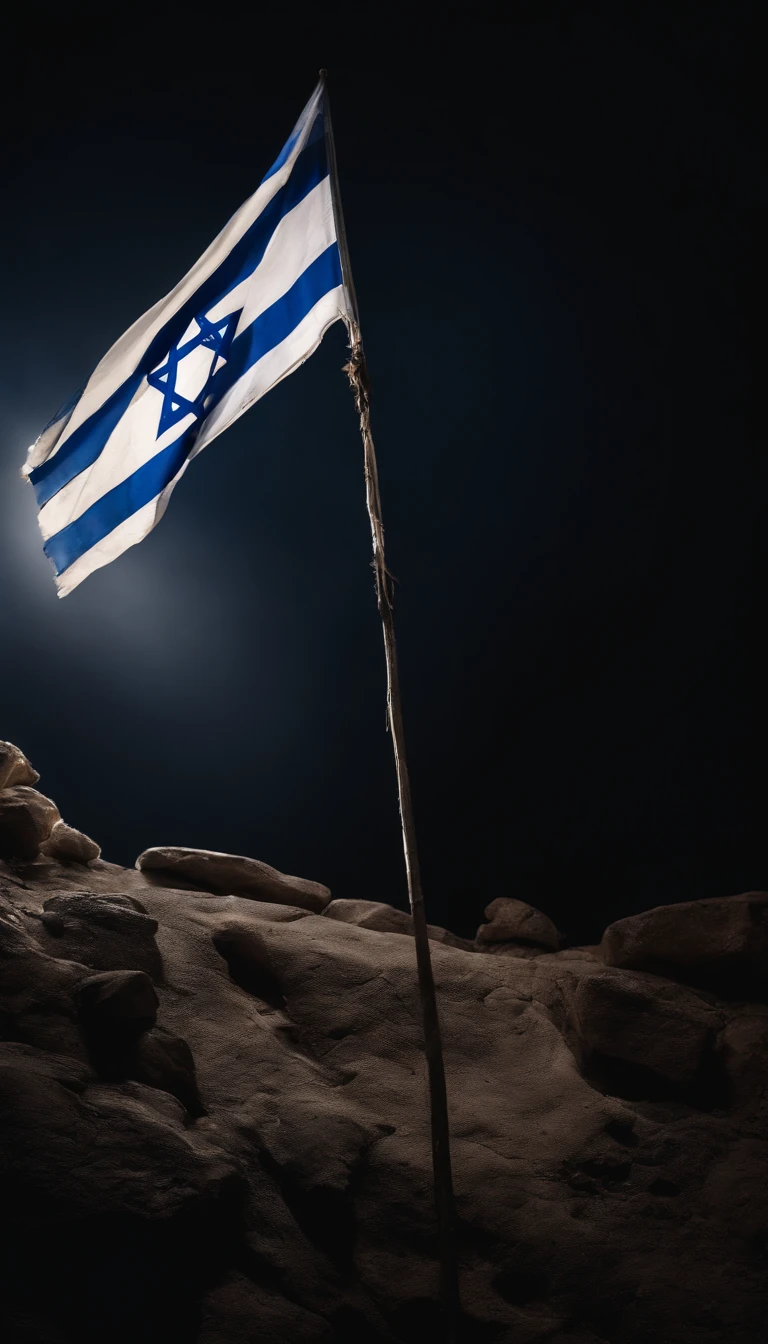 Tattered Israeli flag in the darkness