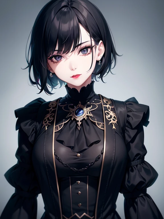 mevis, 1girl, short hair, black hair, solo focus, black eyes, makeup, lipstick, black lips , (dark magic:1.2), (grim:1.2), gothic vampire dressed in three-piece suit ,(intricate details), (hyperdetailed), 8k hdr, high detailed, lot of details, high quality, (colored)