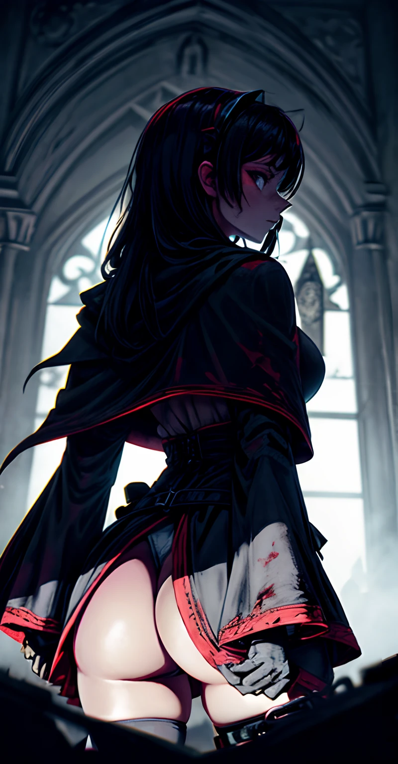 (Best quality, Horror, high contrast style), Silhouette of a tattered woman, black and white drawing, Desperate visual impact, Doom is imminent, The end of London, The chains of the bell tower, Blood red cloak, White gloves, Mirror reflection, Background at Hogwarts School of Witchcraft and Wizardry, Ultra-detailed, Rear view perspective, Close-up shot, Watching from behind,Buttocks close up,big assa,Huge ass,Exposed ass