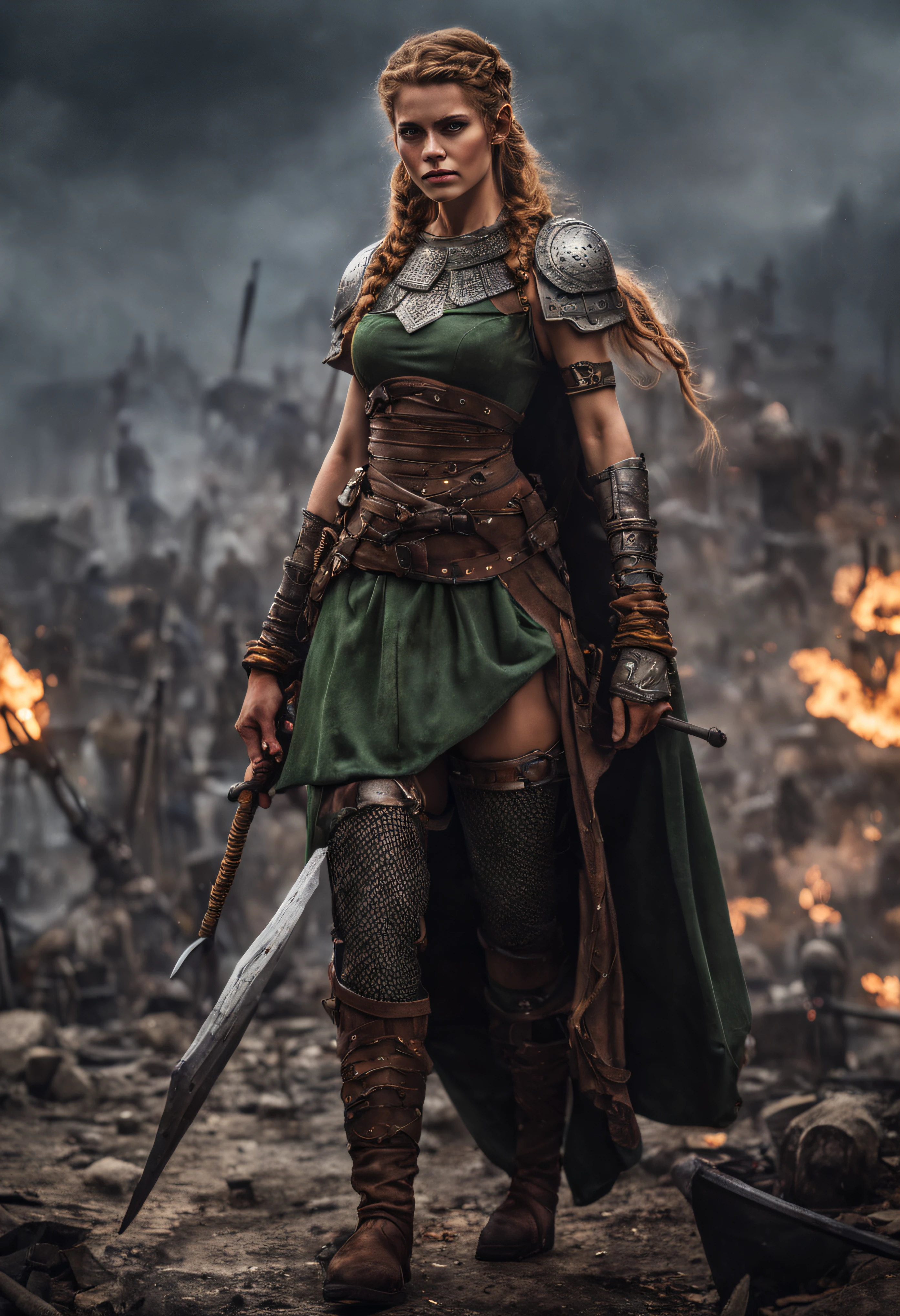 (cuerpo completo), guerrera vikinga, bellisima de ojos verdosos, con sus trenzas rubias largas, su casco de hierro y su correaje y protectores de metal, que dejan entrever un vestido sucio y rasgado con su minifalda sexy, por el fragor de la batalla, Stands in war zone on dynamic walking with frowning, iluminacion de la hora dorada, (intrincados detalles de la maquina).imagen fotorrealista,nitidez maxima, calidad 8k.(obra maestra de calidad superior).
