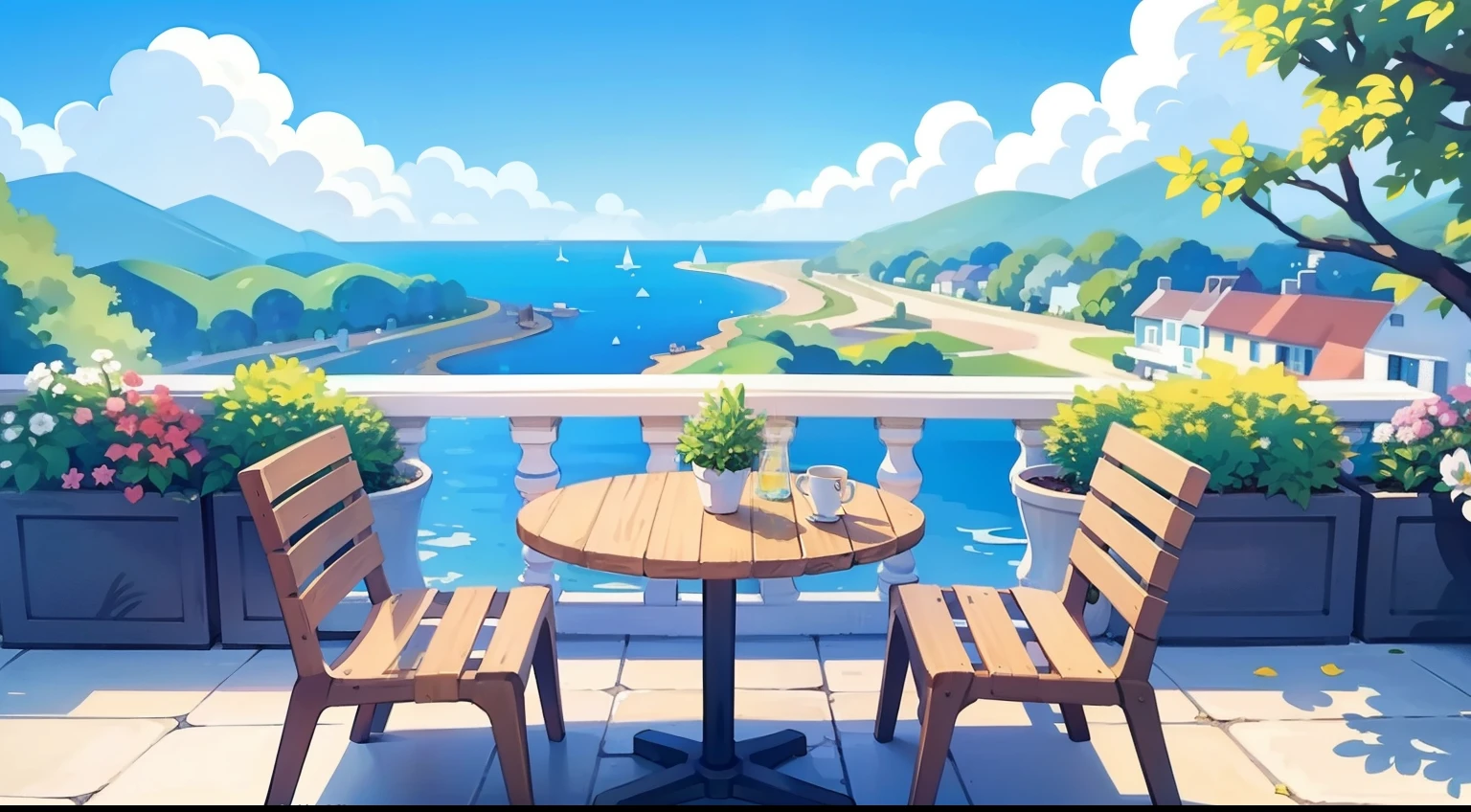 Beautiful landscape painting、Cafe terrace seating、blue-sky、ultra-quality、masutepiece、Natural Color