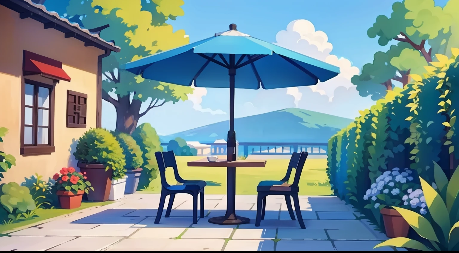 Beautiful landscape painting、Cafe terrace seating、blue-sky、ultra-quality、masutepiece、Natural Color