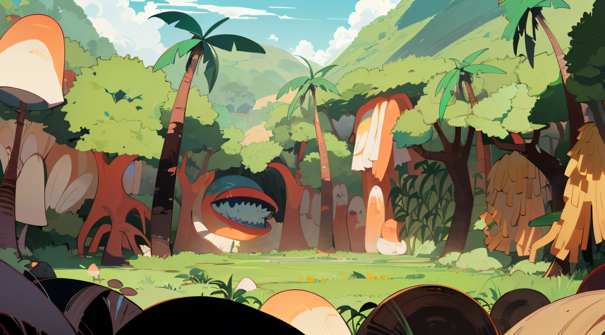 (anime style background, anime background illustration:1.3), (detailed, high quality, high resolution, masterpiece), a shady jungle, palm trees, some trees with and, monstera leafs, mushrooms, big rocks under the trees, (mountain in the background), empty dirt ground in front of trees, blue sky, forest in background, jungle in background,