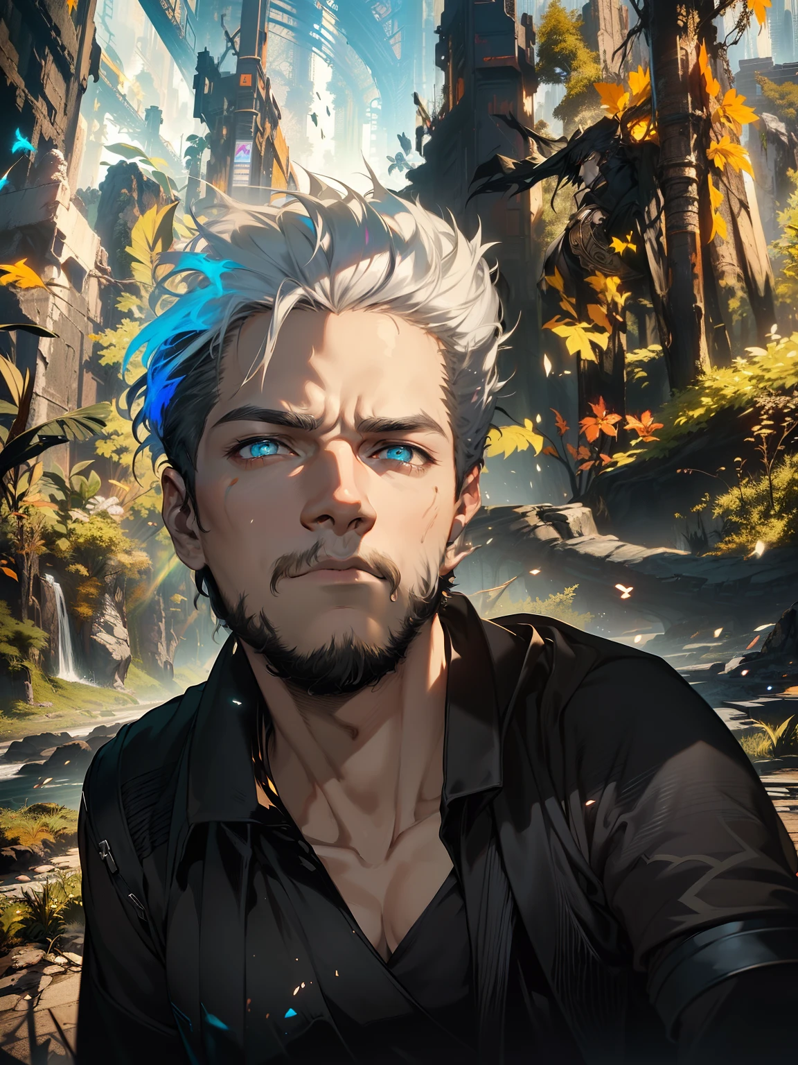 Cyberpunk male, fantasy world, dark background, clean design, epic instagram, artstation, colorful paint splatter, silhouette, hyper detailed intricate details, unreal engine, fantasy, intricate details, splash screen, complementary colors, Fantasy concept art, 8k resolution, deviantart masterpiece, oil painting, heavy strokes, paint dripping, (isolated on white background: 1.3), rainbow skin, (((handsome young man))), ((teenage:1.5) ), (glowing blue eyes), ((light eyes)), ((((short white hair: 1.1))), ((black clothes)), (prince\\(indifferent expression\\),, ( ((Wears high detail luxurious black robe))), white hair, frost magic, ((chest) --v 6