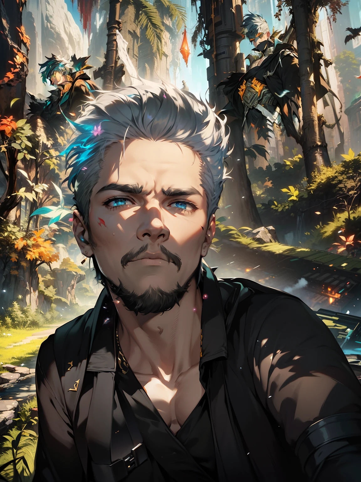 Cyberpunk male, fantasy world, dark background, clean design, epic instagram, artstation, colorful paint splatter, silhouette, hyper detailed intricate details, unreal engine, fantasy, intricate details, splash screen, complementary colors, Fantasy concept art, 8k resolution, deviantart masterpiece, oil painting, heavy strokes, paint dripping, (isolated on white background: 1.3), rainbow skin, (((handsome young man))), ((age:1.5) ), (glowing blue eyes), ((light eyes)), ((((short white hair: 1.1))), ((black clothes)), (prince\\(indifferent expression\\),, ( ((Wears high detail luxurious black robe))), white hair, frost magic, ((chest) --v 6