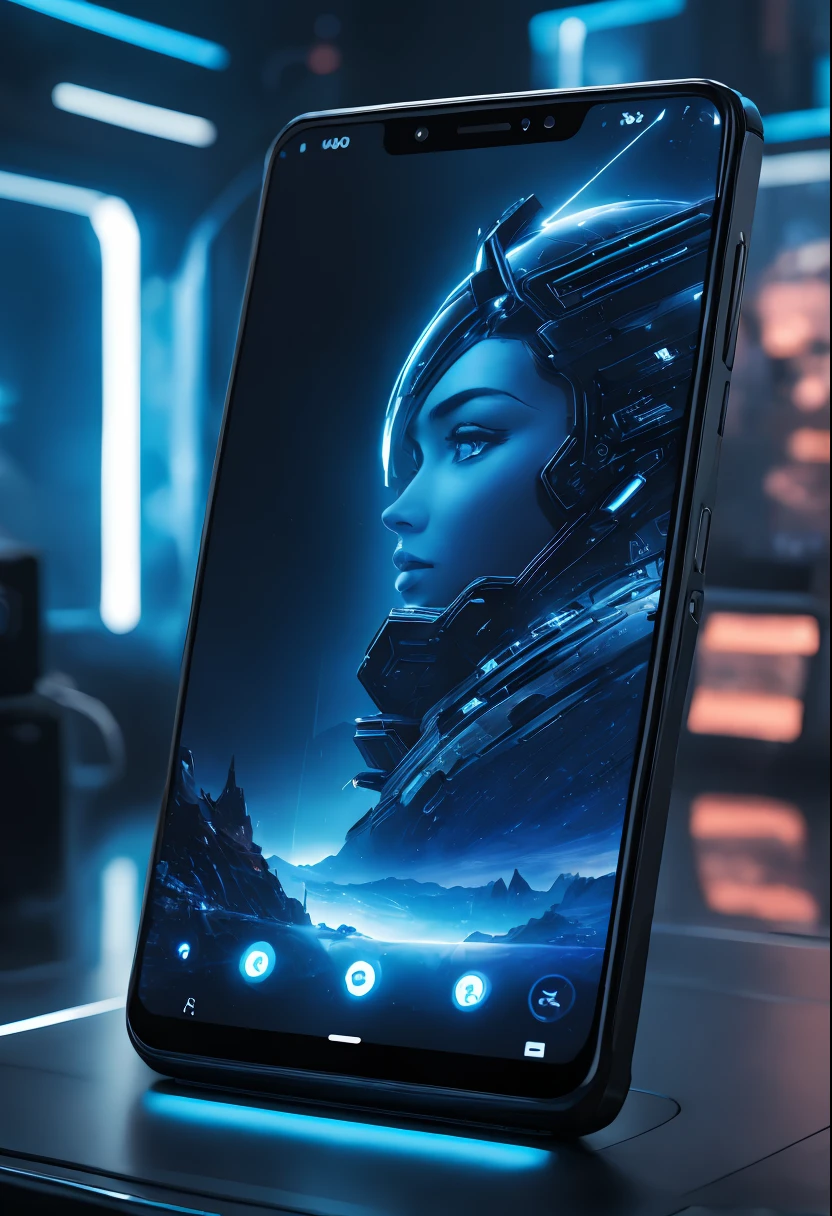 tmasterpiece,Best quality at best,high high quality,extremely detaile,8K,Futuristic ethereal close-up of a mobile phone, smartphone, A mystical environment, Technology meets fantasy, Futuristic phone,AI peripherals, smartphone, Sit at the technical booth, Otherworldly technology, High-tech mobile phone,Futuristic technical background,Futuristic cyberpunk,hyper realisitc,This image shows a black phone,The brand of the phone is Nokia,The screen time on the phone is 6:08,The phone screen background is blue, Technology meets fantasy, phone photo, cell phone, cloud storage, 3840 x 2160, 3840 x 2160, cellular phone, Handheld, future-tech, mobile, Surreal,shutter inventory