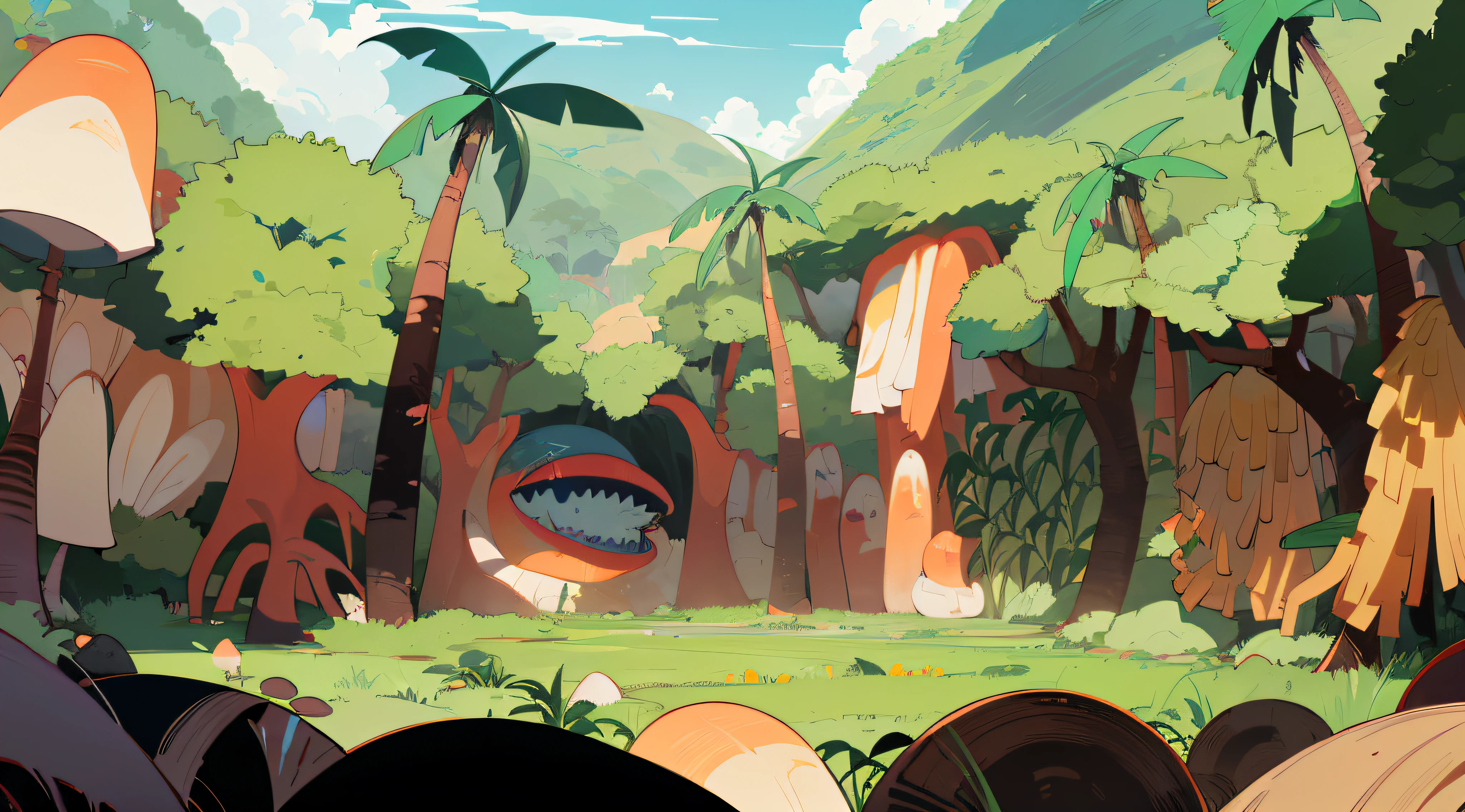(anime style background, anime background illustration:1.3), (detailed, high quality, high resolution, masterpiece), a shady jungle, palm trees, some trees with and, monstera leafs, mushrooms, big rocks under the trees, (mountain in the background), empty dirt ground in front of trees, blue sky, forest in background, jungle in background,