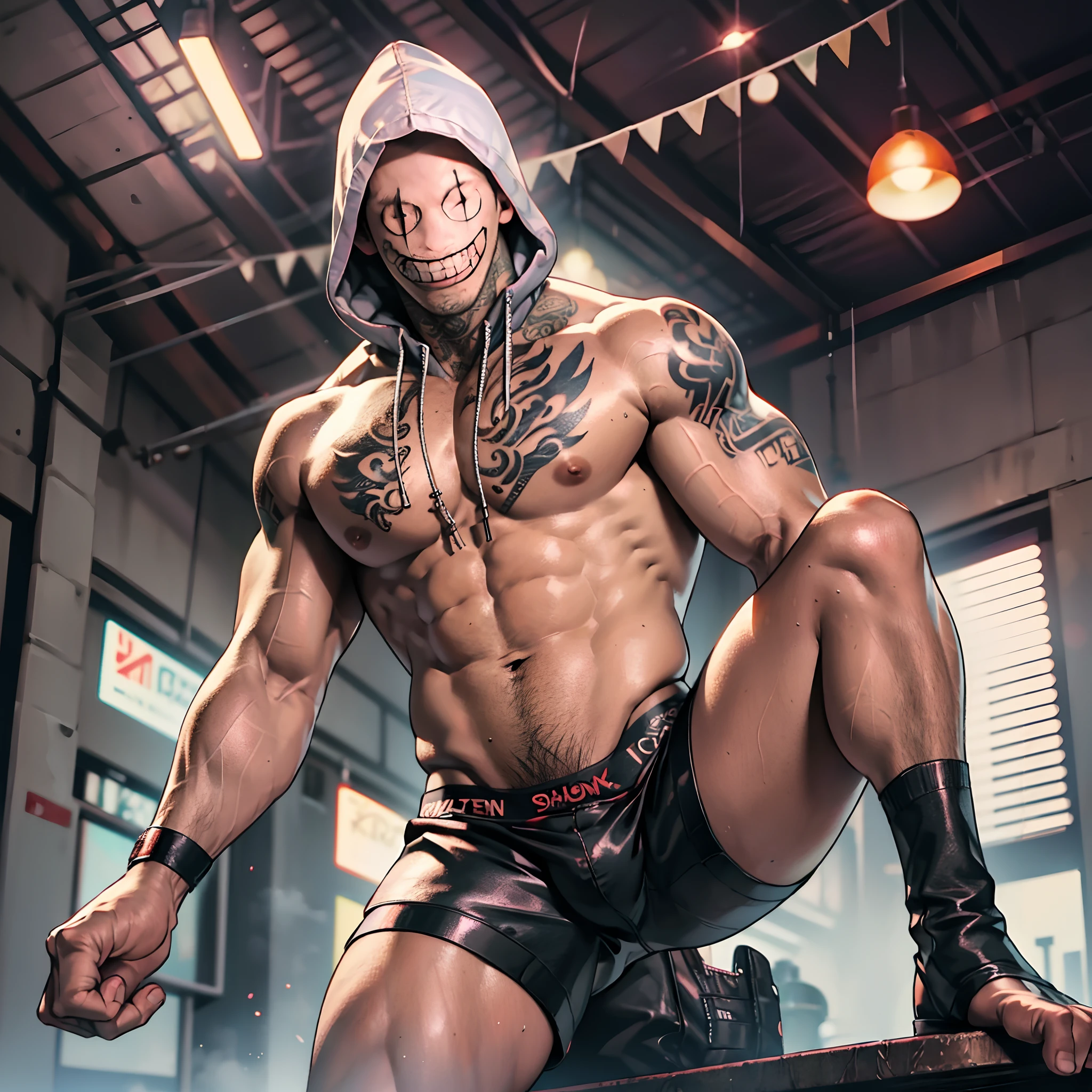 Hot,Muscular,Guy in thong,legs are open,Show off the big bulge.,tattoo_ryoumen, tattoo_On_his_face,Wearing a white smiley mask,Wearing a hood
