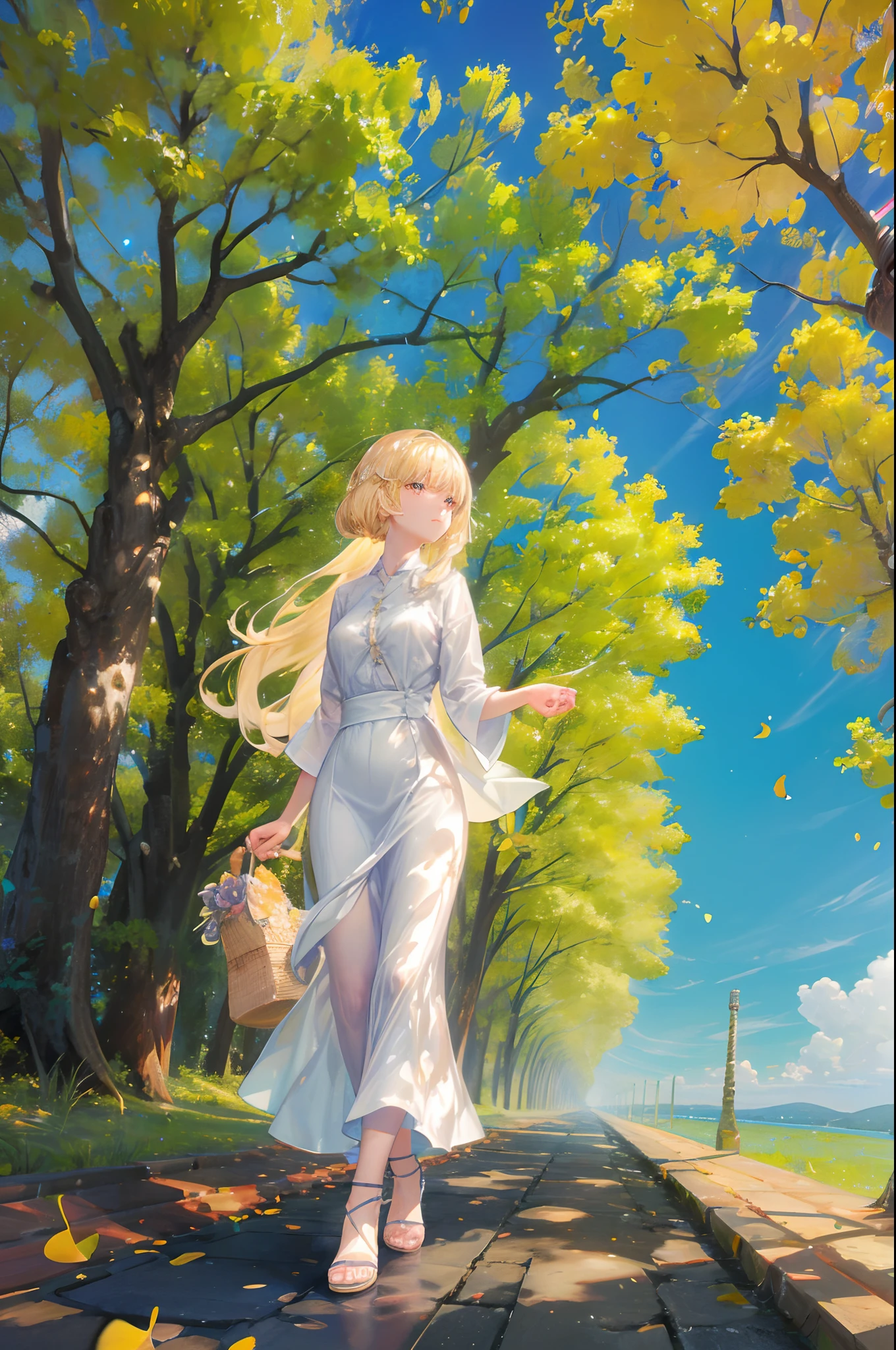 Masterpiece, highest quality, Gingko trees, gingko, rows of gingko trees, gingko leaves laid out, a girl taking a walk, walking happily, blue sky, pleasant sunlight, autumn, relaxing, Zentangle, Mandala, Tangled, Official Art, Integrated 8K Wallpaper, Highly Detailed, Aesthetic, high quality and beautiful.