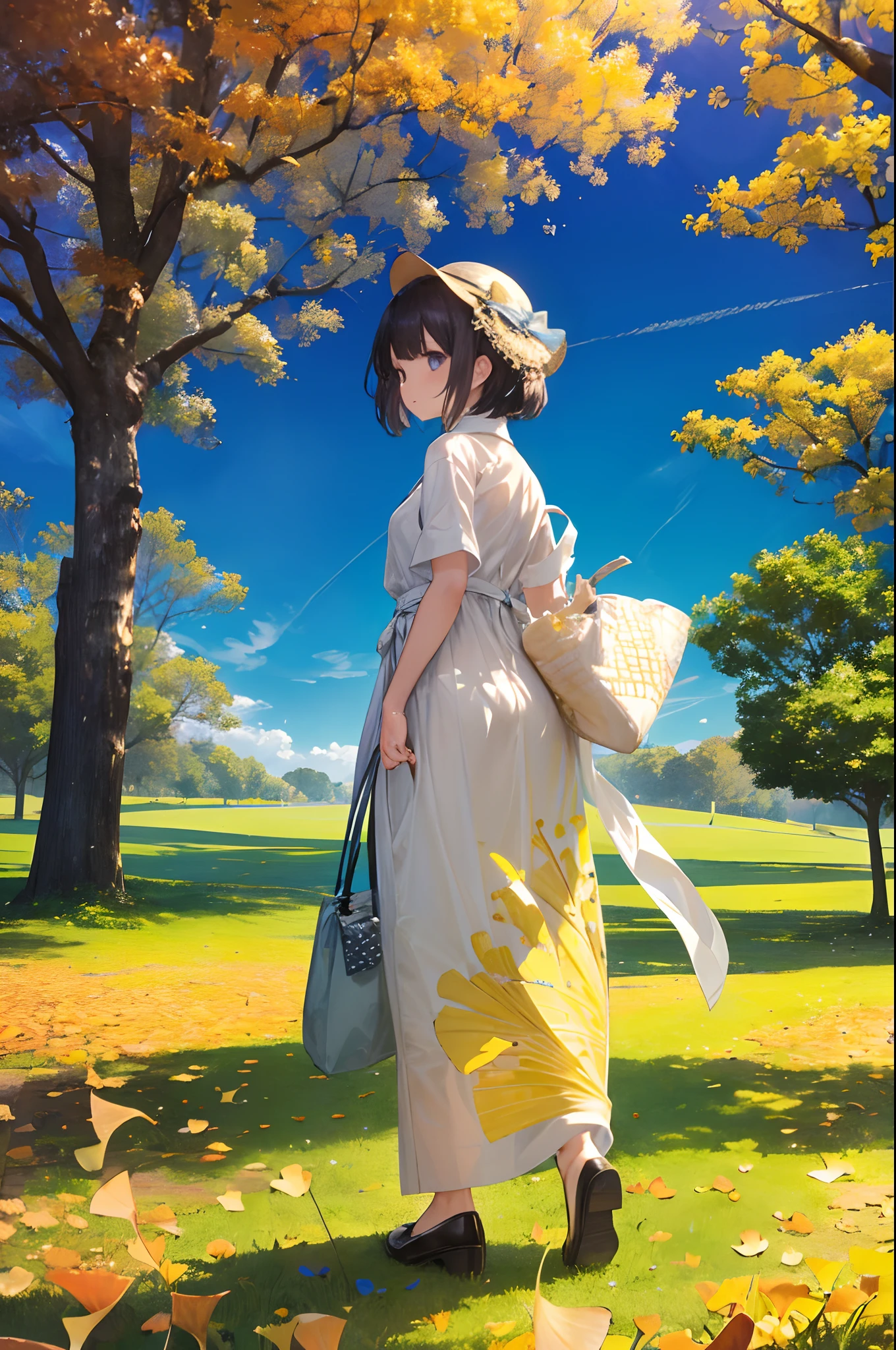 Masterpiece, highest quality, Gingko trees, gingko, rows of gingko trees, gingko leaves laid out, a girl taking a walk, walking happily, blue sky, pleasant sunlight, autumn, relaxing, Zentangle, Mandala, Tangled, Official Art, Integrated 8K Wallpaper, Highly Detailed, Aesthetic, high quality and beautiful.