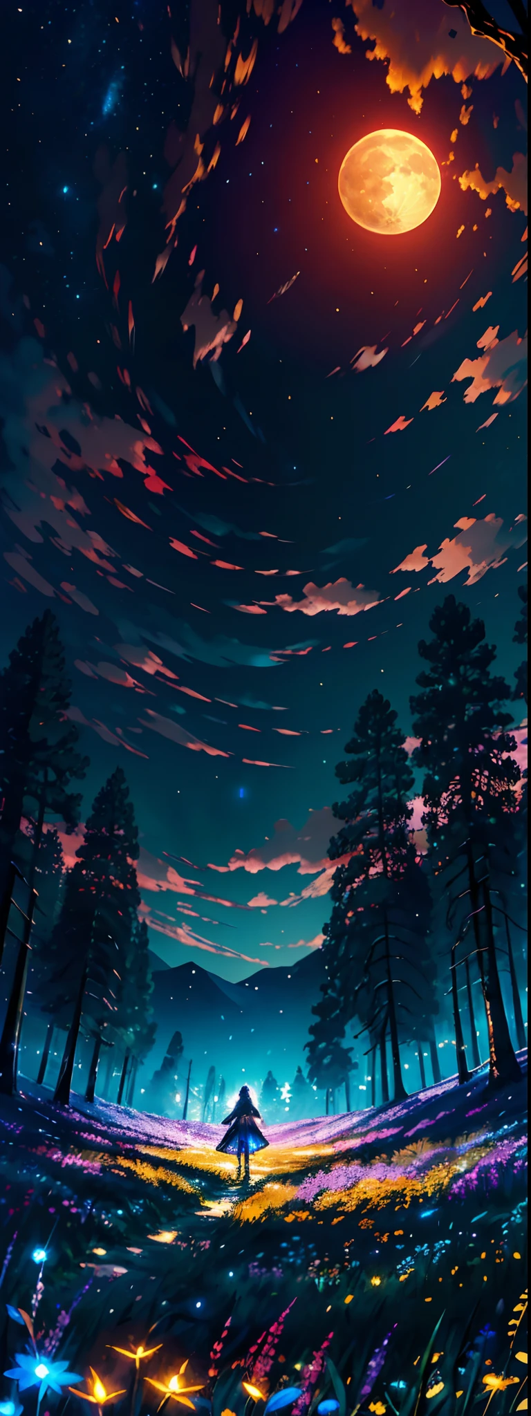 Expansive landscape photograph，Real landscape photos , (View from below，Displays the sky above and the clearing below), a girl standing on flower field looking up, (full moon:1.2), ( meteors:0.9), (Starcloud:1.3), Far Mountain, Tree Break makes art, (Warm light source:1.2), (Firefly:1.2), lamp lights, lots of purples and oranges, Intricate details, Volumetric lighting BREAK (Masterpiece:1.2), (Best quality), 4K, Ultra-detailed, (Dynamic composition:1.4), Highly detailed, Colorful details,( Iridescent colors:1.2), (luminouslighting, Atmospheric lighting), Dreamy, magical, (Solo:1.2)，In the lower right corner there is a girl dancing ballet，long  skirt，Beautiful movements，Super picture impact，