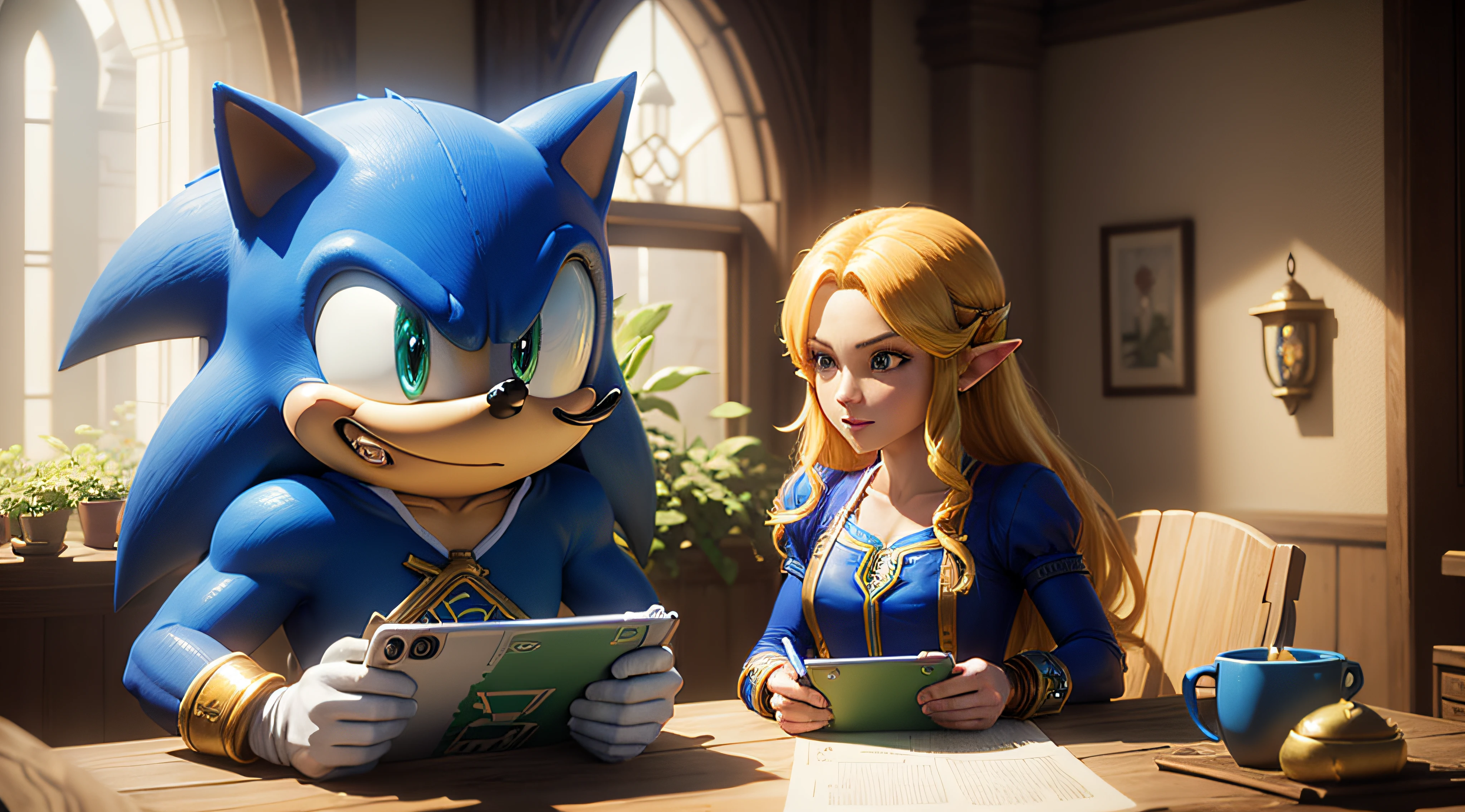 Sonic the blue hedgehog meet The Legend of Zelda : A Link Between Worlds : Nintendo 3DS. high resolucion, ultra-detailed, paysage de style Zelda, beautiful rendering.