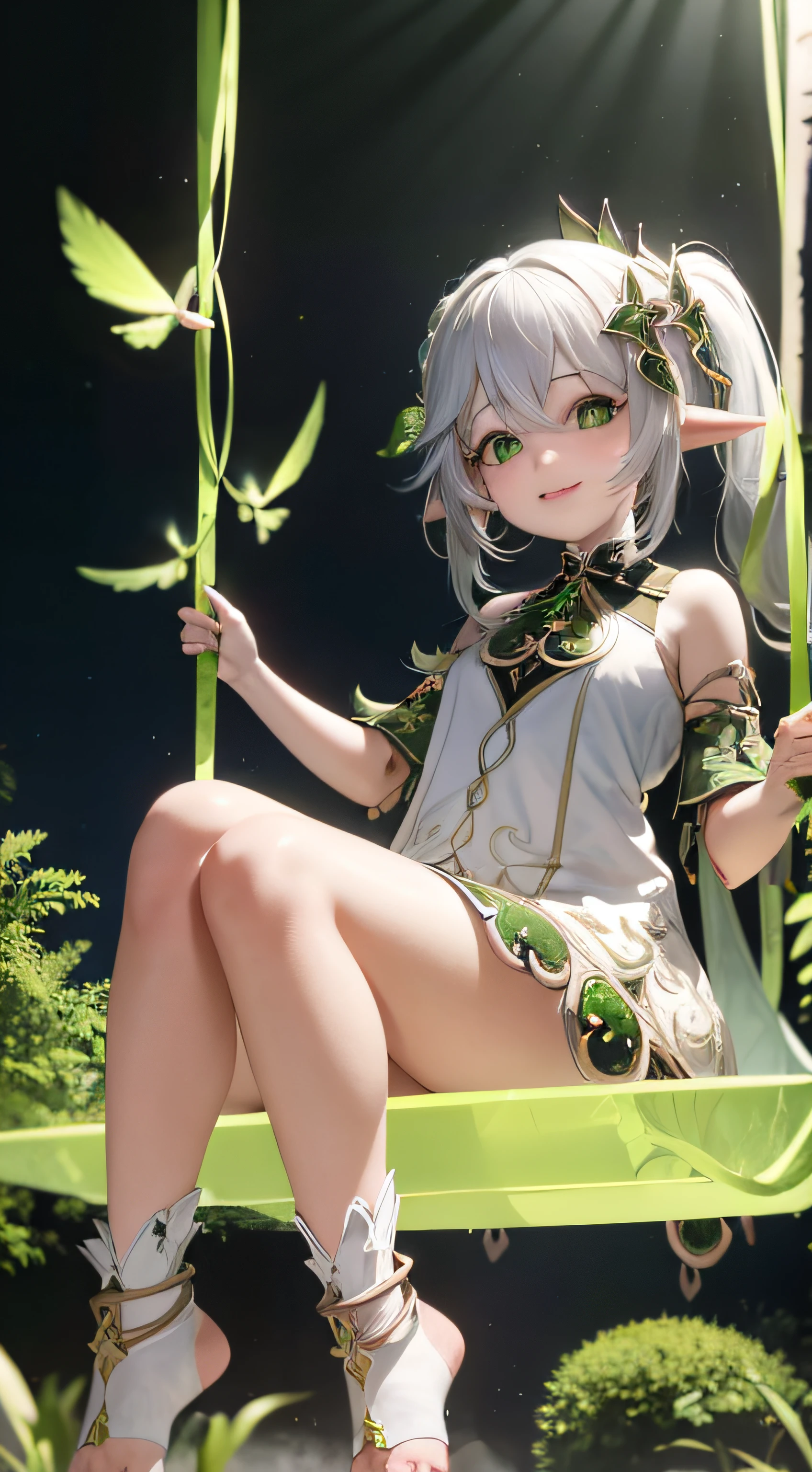 masterpiece, bestquality, swing,Seated,Full body,1girls,nahida \(genshin impact\),White Hair,multicolored hair, side ponytail,Hair ornaments,green eyes,Pictographic pupils,pointy ears, jewelry, detached sleeves,White dress,Toeless long legs,grey background, smile, vivid colors, forest background,