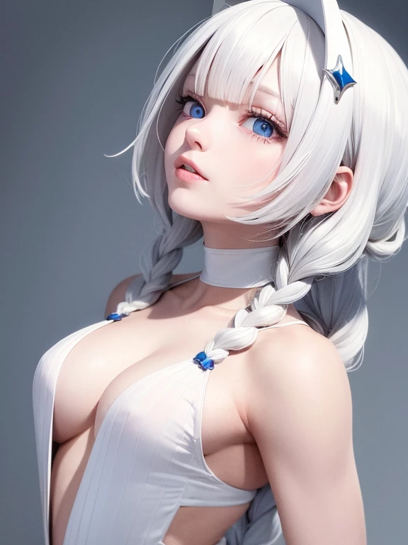 best quality, masterpiece,white hair, blue eyes,white clothes, looking up, upper body,hair strand,Fair skin,side braids