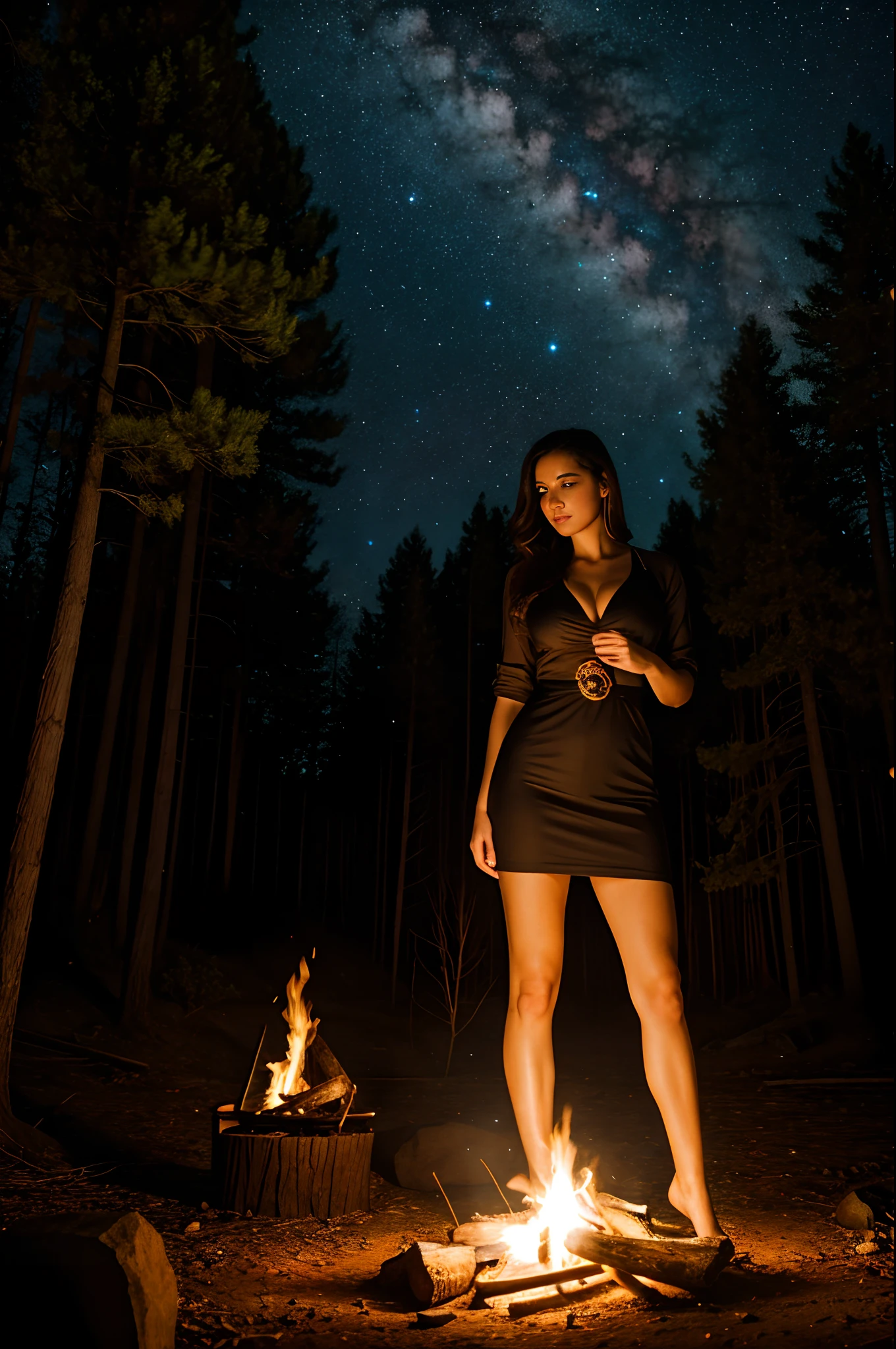 A full-body nude portrait of a beautiful, young 18-year-old witch in the style of the movie 'The Witch', standing in a night forest. She is without clothing, embodying a natural and mystical essence. The scene is illuminated by the soft and eerie light of a campfire. Her long, flowing hair covers her modesty, and her expression is confident yet enigmatic. The background features a dense, dark forest under a starry night sky. The campfire casts ominous shadows and a dramatic glow on her, creating a mysterious and slightly unsettling atmosphere