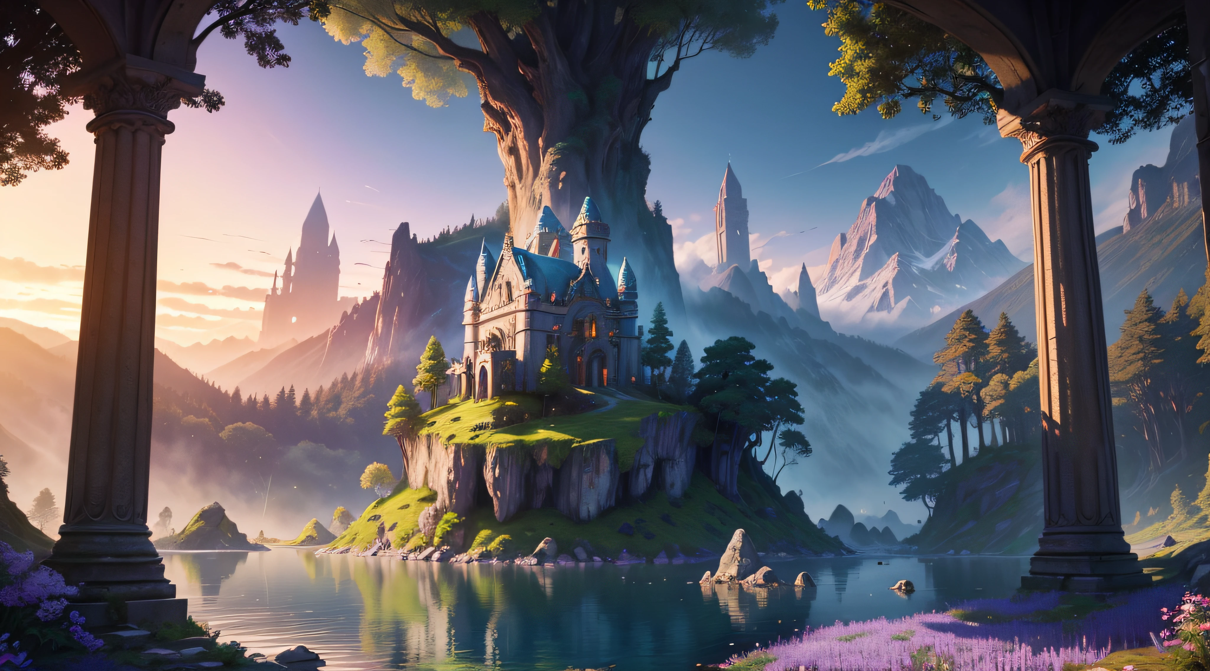 (realistic:1.37),highres,ultra-detailed,Zelda style scenery,beautifully rendered,enchanted forest,sparkling water,ruins of an ancient temple,tall stone pillars with intricate carvings,magic floating islands,majestic mountains in the distance,colorful flora and fauna,cascading waterfalls,beams of sunlight piercing through the canopy of trees,mysterious mist adding an air of magic,faint sound of a flute playing in the background,heroic protagonist exploring the vast landscape,shield and sword in hand,breathtaking sunset painting the sky in vibrant hues of orange and purple,ethereal glow surrounding the protagonist,glimpses of fairies and mythical creatures,whispers of forgotten legends in the wind,magical artifacts hidden among the ruins,a sense of adventure and mystery awaiting.