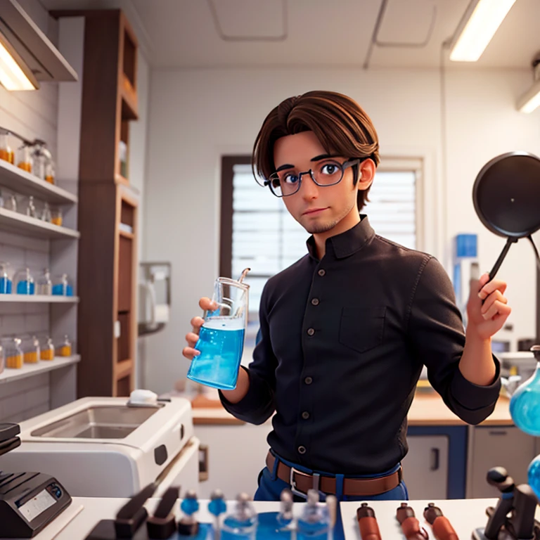 Brunette man in chemistry lab, olhos castanhos, eyeglass, cabelo preto, 30 anos.