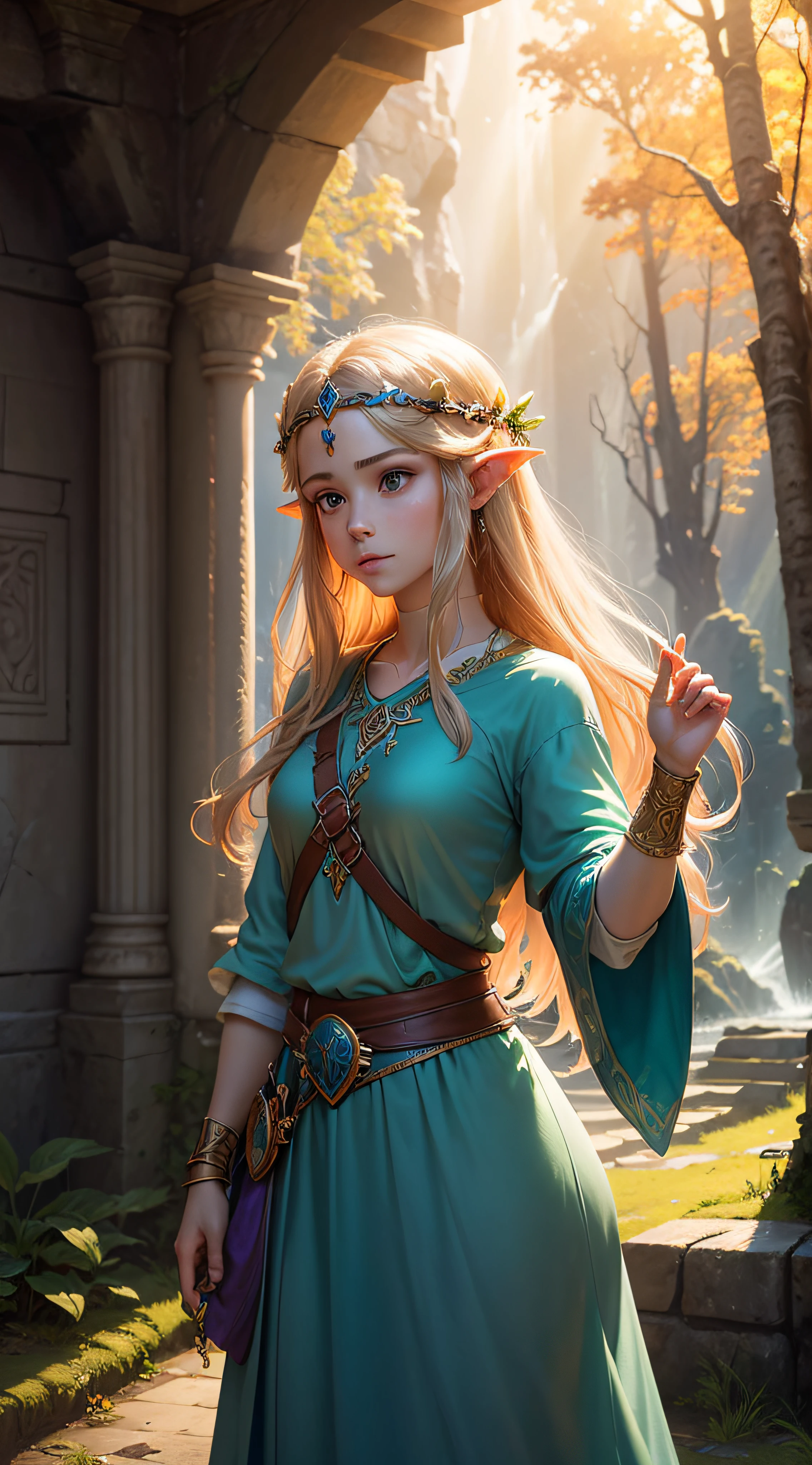 Princess Zelda (realistic: 1.37) high resolution, ultra-detailed, beautifully rendered Zelda-style landscape. wall of an ancient temple, drawing of Link (from the games between world), sparkling water, ruins of an ancient temple, high stone pillars with complex sculptures, magical floating islands, majestic mountains in the distance, colorful flora and fauna,cascade of waterfalls, sunrays piercing through the canopy of trees, mysterious mist adding an air of magic, low sound of a flute playing in the background, heroic protagonist exploring the vast landscape, shield and sword in hand,breathtaking sunset painting the sky in vibrant hues of orange and purple, ethereal glow surrounding the protagonist, glimpses of fairies and mythical creatures, whispers of forgotten legends in the wind, magical artifacts hidden among the ruins, a sense of adventure and mystery waiting.