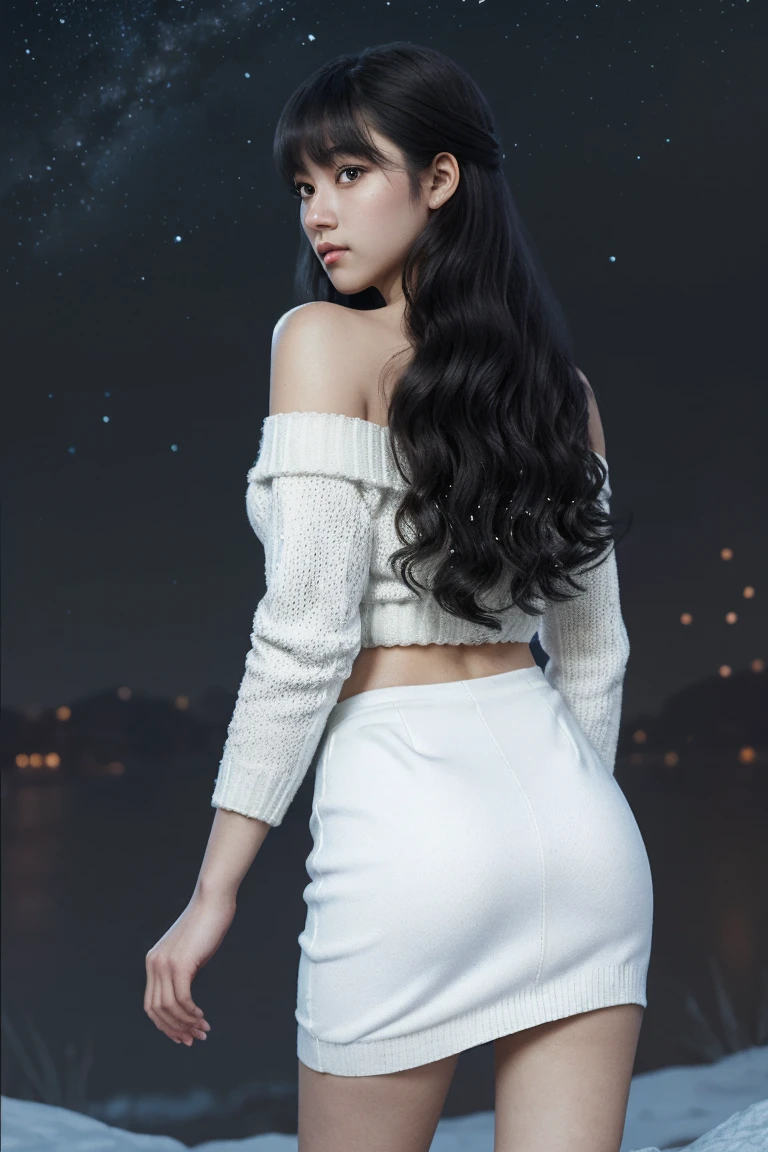 ((Looking back)), (((full bodyesbian))), ((Realistic)), ((From behind, From below)), ((off-the-shoulder clothes)), Beautiful young girl, Beautiful Korean model, cabellos largos dorados, curlies, By bangs, (slender leg), (cold light, the night, starrysky), (at winter season, nevando). ((White sweater, Short black skirt), Detailed scenes, the detail,Hyper-detailed, (correct hand), (anatomy correct), (best qualtiy,tmasterpiece)