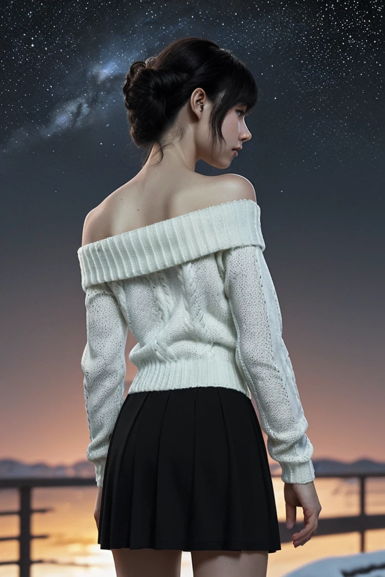 ((From below)), ((Looking back)), ((full bodyesbian)), (((off-the-shoulder clothes))), Beautiful asian model, Sexy goddess, cabelos preto e longos, Beautiful hair accessories, Sexy legs, slender leg, cold light, the night, starrysky, at winter season, nevando, snowfield, (whitesweater, 围巾, black short skirt), (white colors, black in color), Detailed scenes, Beautiful digital illustration, the detail,Hyper-detailed, (best qualtiy,tmasterpiece)