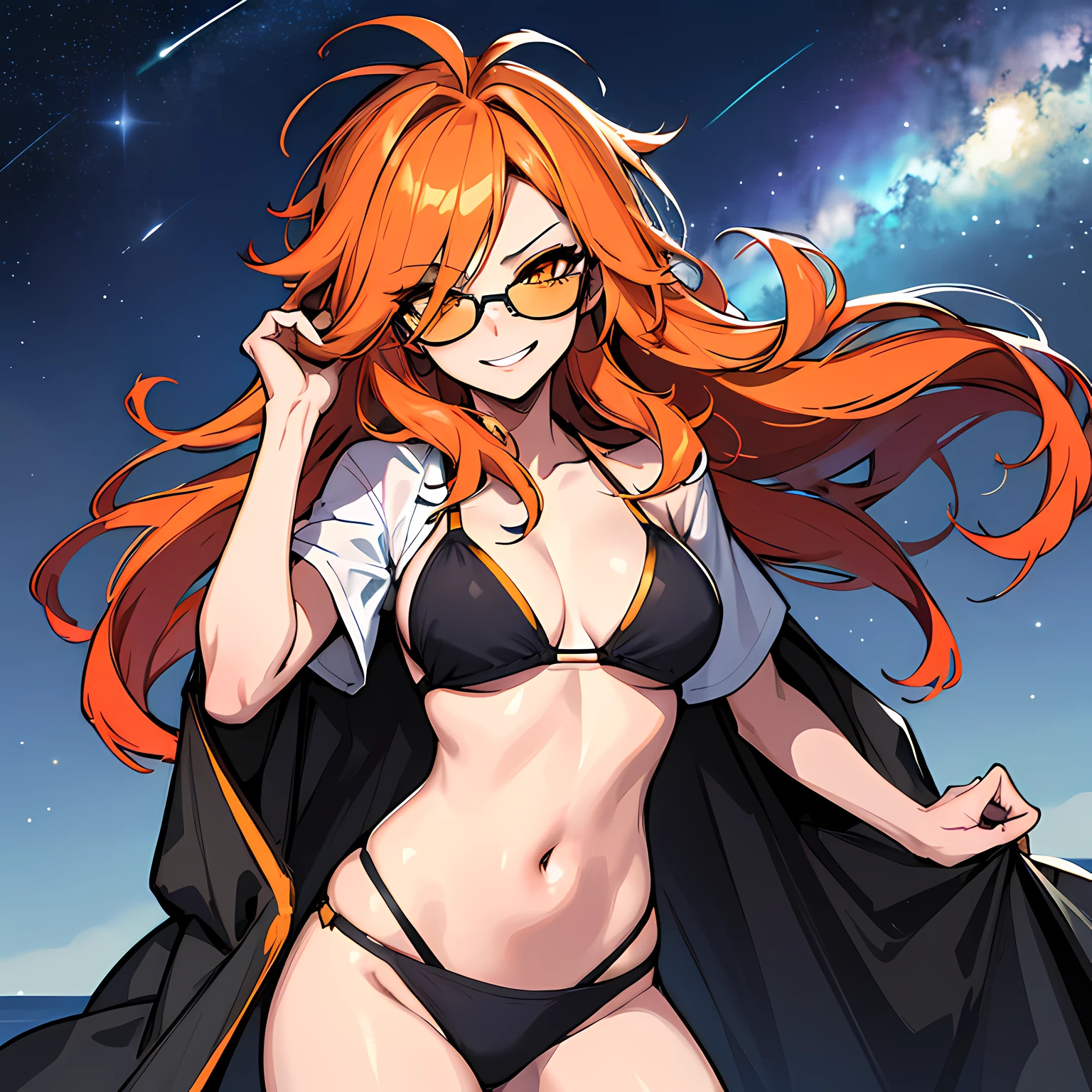 (absurdres, 8k, 4k, masterpiece, hyper extreme detailed:1.2), solo, 1girl, front view portrait, best quality, expressive eyes, perfect face, 1girl, portrait, solo, Female, mature female, adult, red hair, orange gradients, hair covering eye, medium hair, cool, confident, wild hair, messy hair, night time, cowboy shot, half body, perfect anatomy, flowing hair, windy hair, wind, fearless, cool, badass, shirt, rugged, golden eyes, starry night sky, stars, night, smirk, badass, heroic, sunglasses, smirk, orange swimwear, bikini,