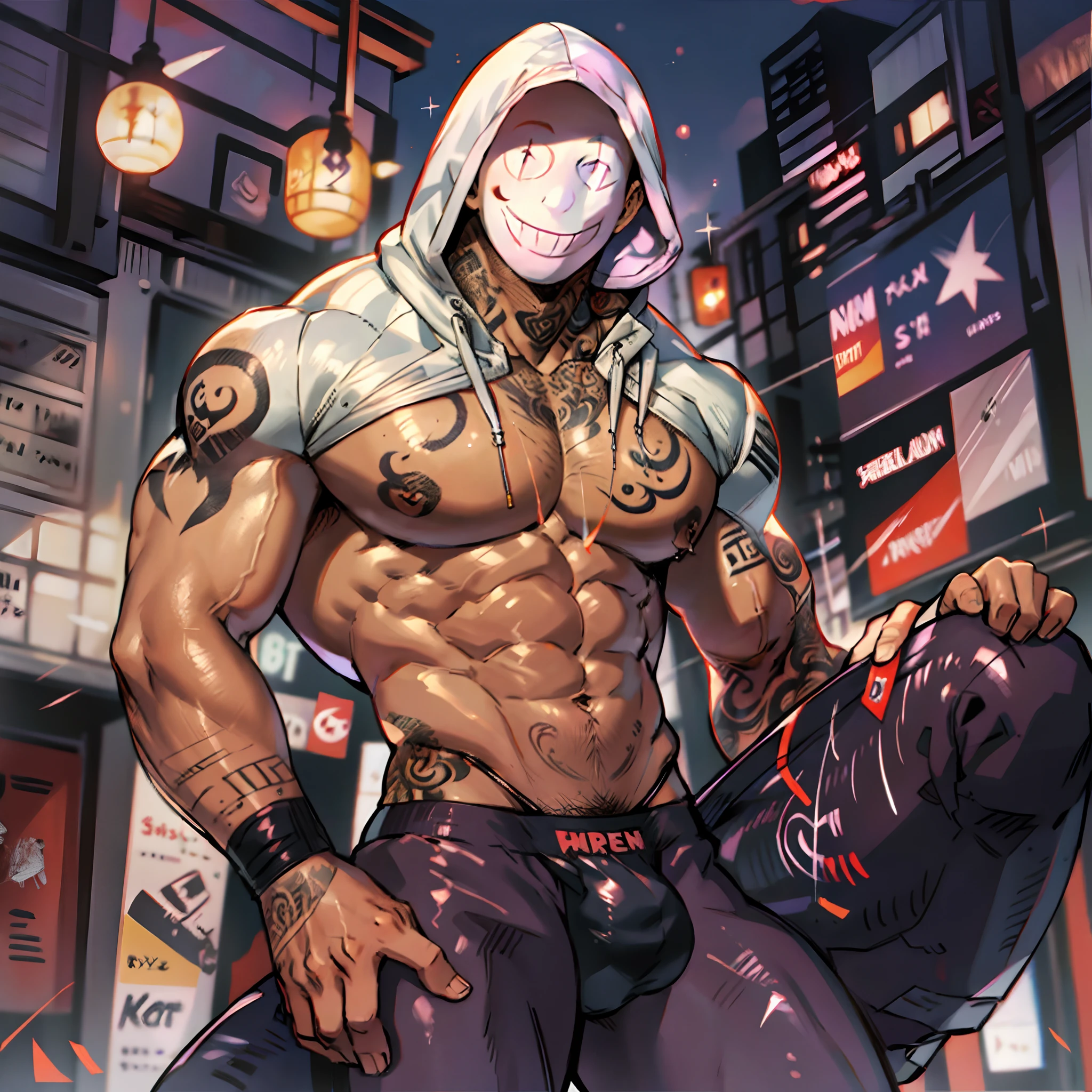 Hot,Muscular,Guy in thong，legs are open，Show off the big bulge.，tattoo_ryoumen， tattoo_On_his_face，Wearing a white smiley mask，Wearing a hood