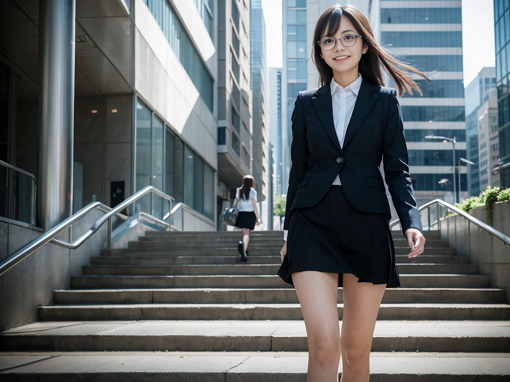 (long shot, looking away, masterpiece, like a movie perspective), anime style, a woman, walking to skyscrapers, wearing business suit, knee length skirt, under wear, on the sidewalk, shift from center, (her skirt is flying up in the wind), having business bags for woman, shy smile, silver glasses, going down the stairs,