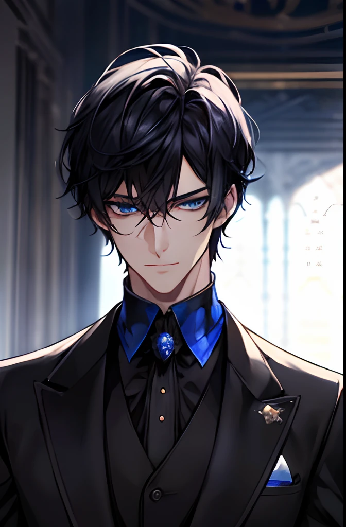 1 male, matured, handsome, stand alone, black short hair, blue sapphire eyes, black suit, royal uniform, formal suit, face focus, detailed eyes, detailed background, diffused sunlight, depth of field, bokeh