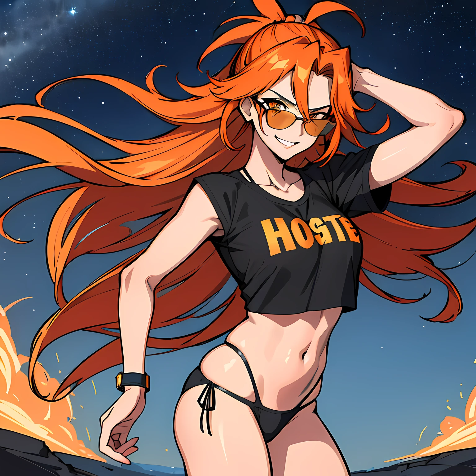 (absurdres, 8k, 4k, masterpiece, hyper extreme detailed:1.2), solo, 1girl, front view portrait, best quality, expressive eyes, perfect face, 1girl, portrait, solo, Female, mature female, adult, red hair, orange gradients, hair covering eye, medium hair, cool, confident, wild hair, messy hair, night time, cowboy shot, half body, perfect anatomy, flowing hair, windy hair, wind, fearless, cool, badass, shirt, rugged, golden eyes, starry night sky, stars, night, smirk, badass, heroic, sunglasses, smirk, orange swimwear, bikini,