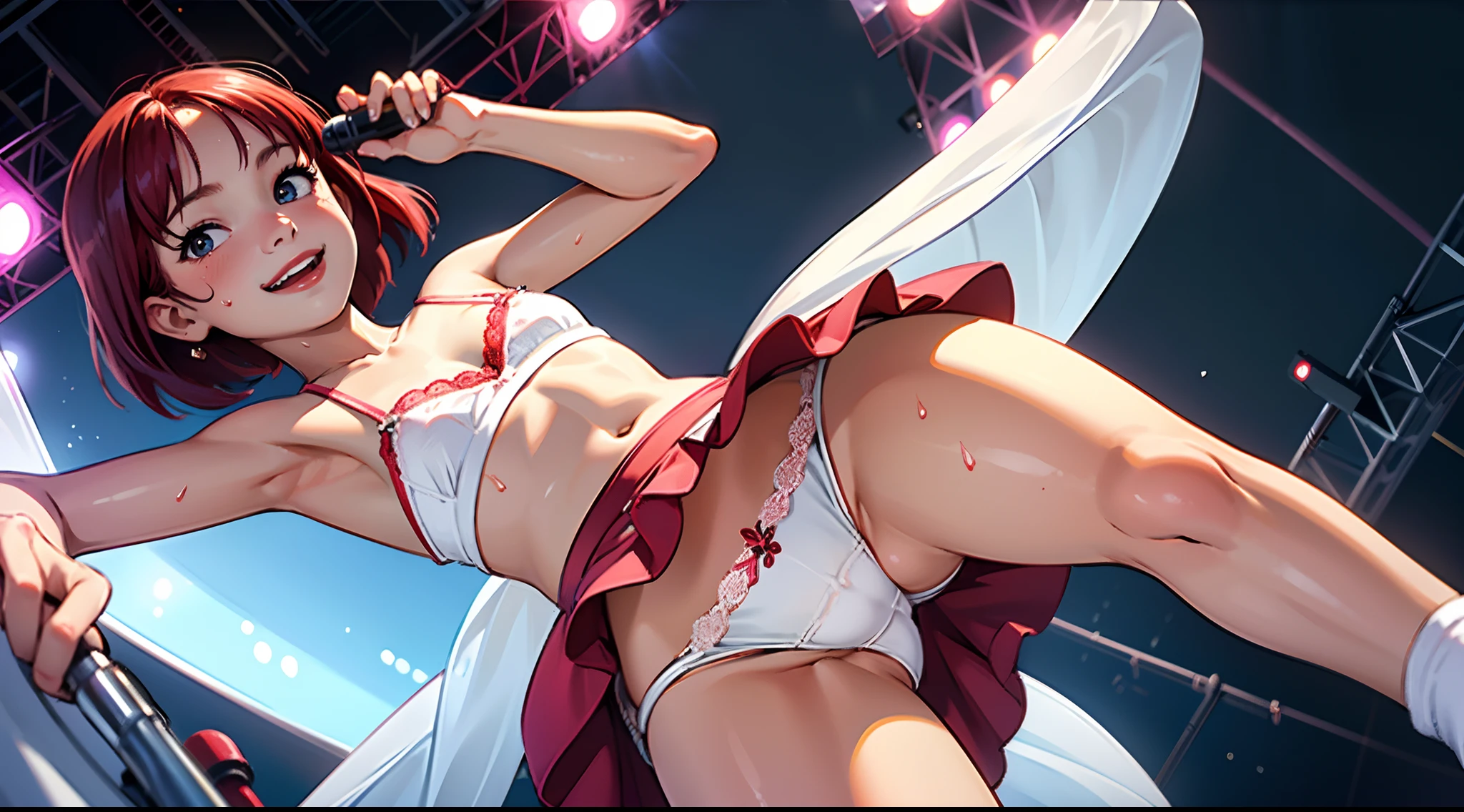 {{{masutepiece}}}, {{{Best Quality}}}, {{Ultra-detailed}}, {Illustration}, {{extremely delicate and beautiful}}, (Best Quality, in 8K, 32K, masutepiece, nffsw:1.2),Photo of cute Japan idol girl, childish、、of the highest quality, Best Quality, Realistic, Unity, 8K Wallpapers, Official art, highly detailed wallpaper,(1girl in:1.5),(idol costume:1.2), (Sweaty skin:1.3),８age,child,(Big smile:1.3),(Be in the spotlight:1.1),(Stand Microphone:1.5),(sing:1.5),(Very short bob hair:1.3), (Red hair:1.3),earrings,Looking at Viewer,(High detailed skin),Realistic body、long  skirt,(Small breasts:1.4),Cute Girl, famous Japan idol,(),(low view),(Lifted skirt:1.1),(Show off panties:1.2),(Open panties:1.2),(White lace panties:1.3),(Sheer panties:1.4),(Looking at Viewer:1.1),(Idol stage :1.5)、Ultra-detailed panties,Ultra-realistic panties、Realistic Man Muscles、Panties that bite into、life-likeｵﾏﾝｺ,dark pink papillae,Sheer Bra、 Showing