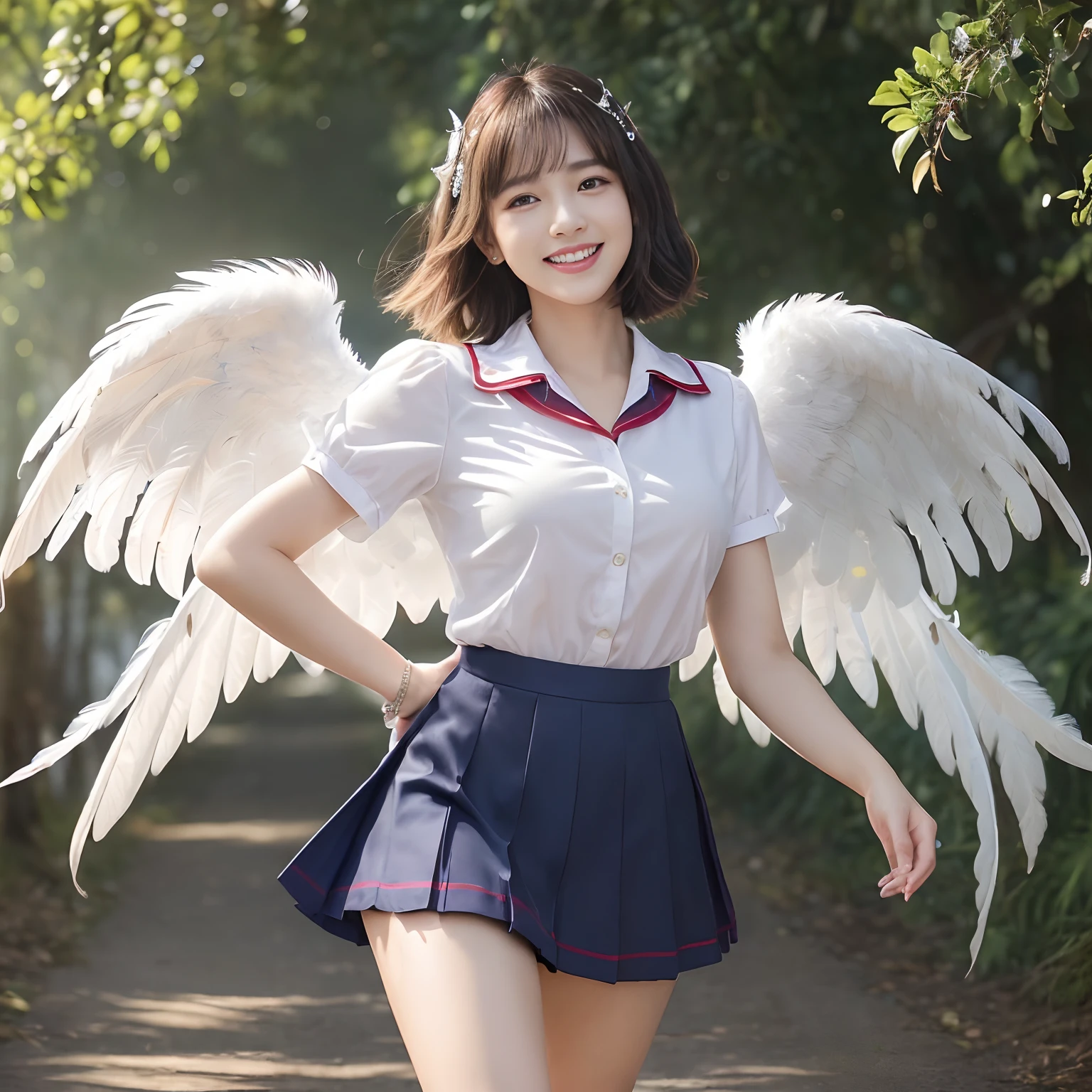 (((masutepiece、top-quality)))、(((((1 schoolgirl、White Uniform Shirt、It features a simple, Standard White Shirt、Red ribbon on chest、There is a red ribbon on the chest、Wearing a dark blue skirt、Navy skirt、Plain navy skirt、Navy skirts are plain、high-school uniform)))))、((Huge and realistic angel wings,The most detailed and intricate angel wings、Sparkling white feathers、facing front、Turn your body towards us、Facing the front、Plumage gives off a transparent shine、The feathers shine like a fairy tale、spectacular movie lighting、((The background is the route to school、Walking along the school route surrounded by nature、Walking on the way to school))、8K,An ultra-high picture quality,The face of the most beautiful actress,Mature female face、The biggest smile staring at the camera、Smiling at the camera、美丽的面容、Beautiful teeth、natural make up、long、straight haired、The feathers located on the back are、、It shines like a translucent fairy tale))、A slender、bulky, Complex wings、short-hair、shorth hair、Wings of the Angel of Majestic、Chunky, large wings、Perfect Angel Wings