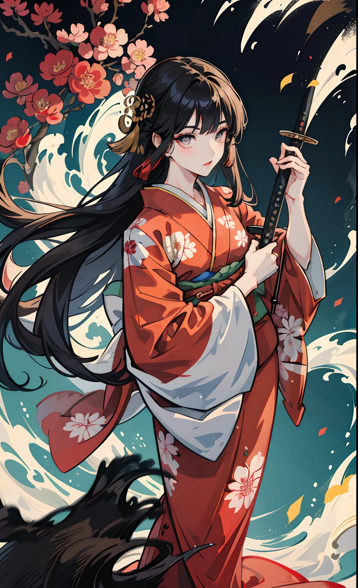 a asian beauty，eyes with brightness，Japan kimono，Playing with the sword，long hair flowing，By bangs，Bust 1.0，Wear a Japanese sword