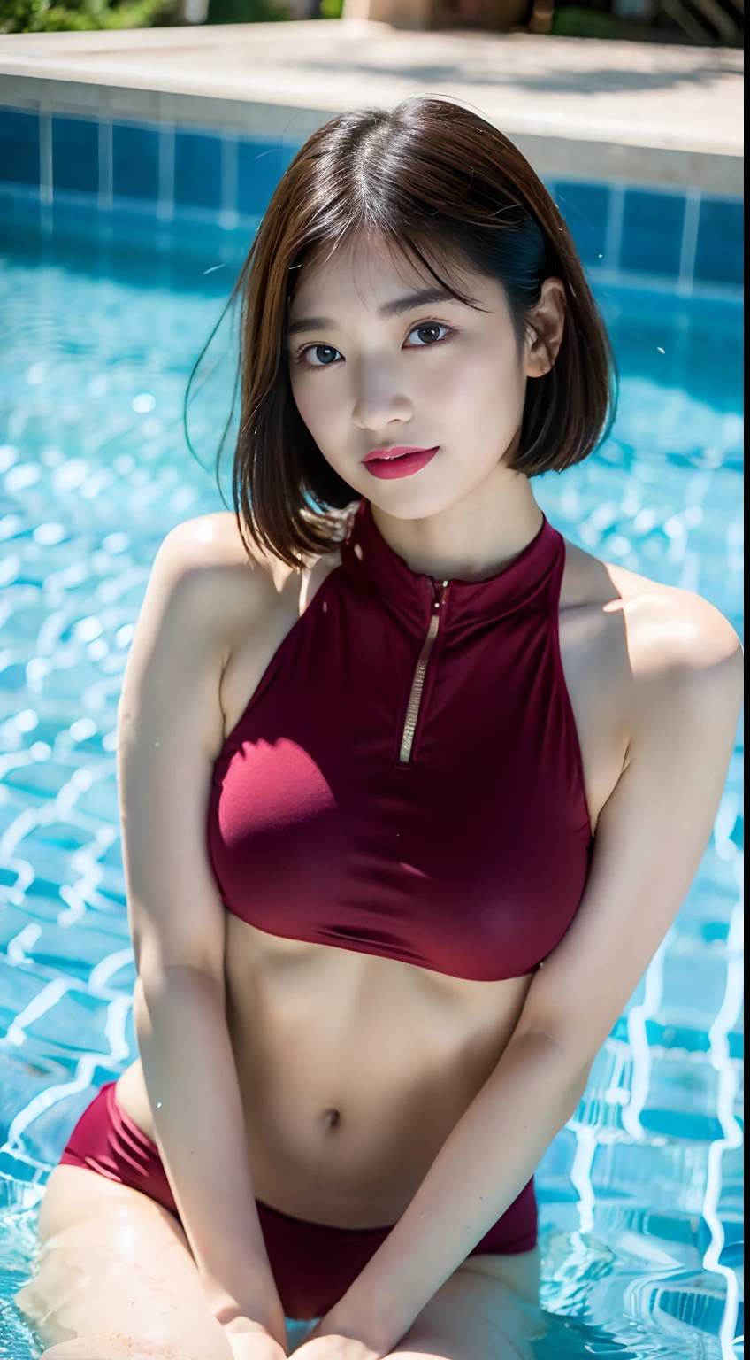 (8K、RAW Photos、top-quality、​masterpiece:1.2)、(realisitic、Photorealsitic:1.37)、女の子1人、japanes、、femele、Being in the pool、profetional lighting、Photon mapping、torn、Colossal tits、The tips of the knitted, which are pure white and very small in size, stick out、areola protruding、The shape of the pubic area is clearly visible、gals、Lots of lashes、Lame on the eyelids、Pitch black lip、Pitch black heels、pubick hair、the lower abdomen bristles、A slender、crotch open、My are big and are about to spill out of my bikini、Very much pubic hair、pubic hair is very protruding、((Sexy swimming costume、The stomach is visible、))、maroon short hair