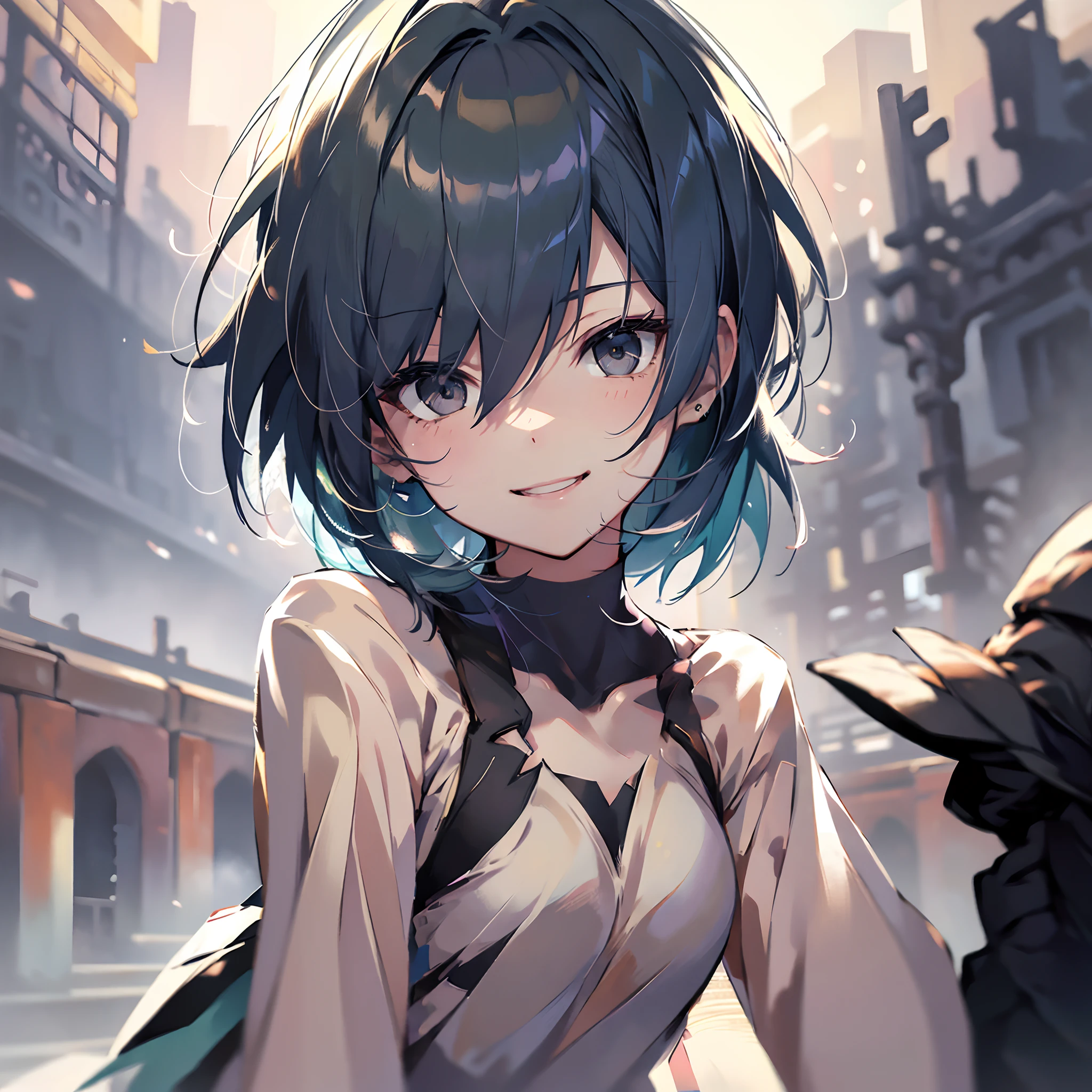 Depiction of male-female pairs、Depiction of them holding hands in a friendly manner、One man(brawn hair、black eyes、Tempered body、neat atmosphere、)one girls、Dark blue hair、green colored eyes、a short bob、Enlarged depiction of the upper body、masutepiece、超A high resolution、No background, thin、Smile and signal、Smile with your mouth wide open、Cute smile、Detailed limb depiction、Large size white T-shirt、Blur the background in pastel colors、Bask in the light from the front、Depiction of only the face、