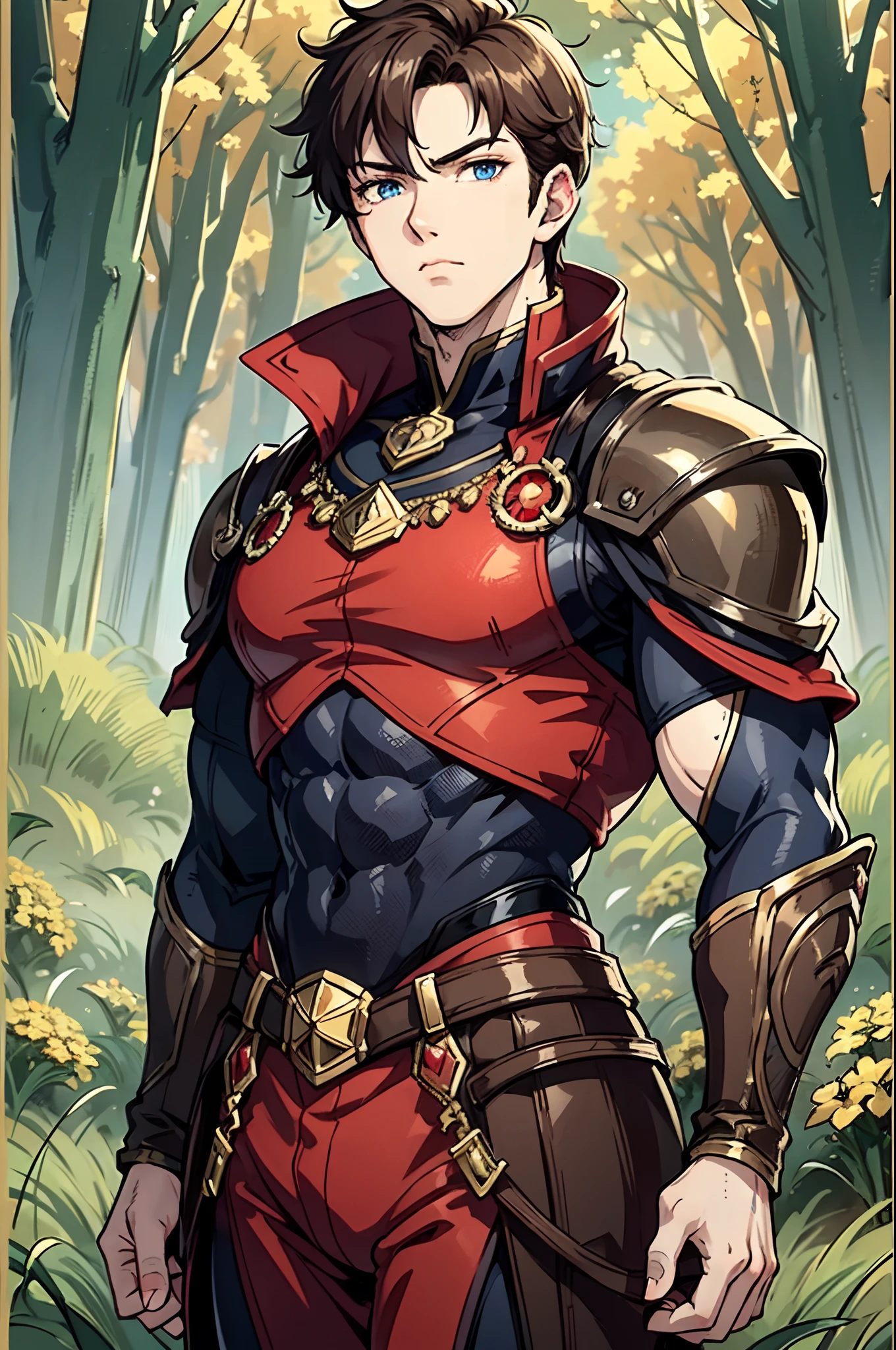 Adventurers Uniform, red clothing, black coat, young man, 20 years, light brown hair, short hair, blue eyes, detailed eyes, beautiful eyes, muscular, tall, 6.3 foot tall, serious pose, strong, masterpiece, detailed design, fields background, dirt path background, adventurer world