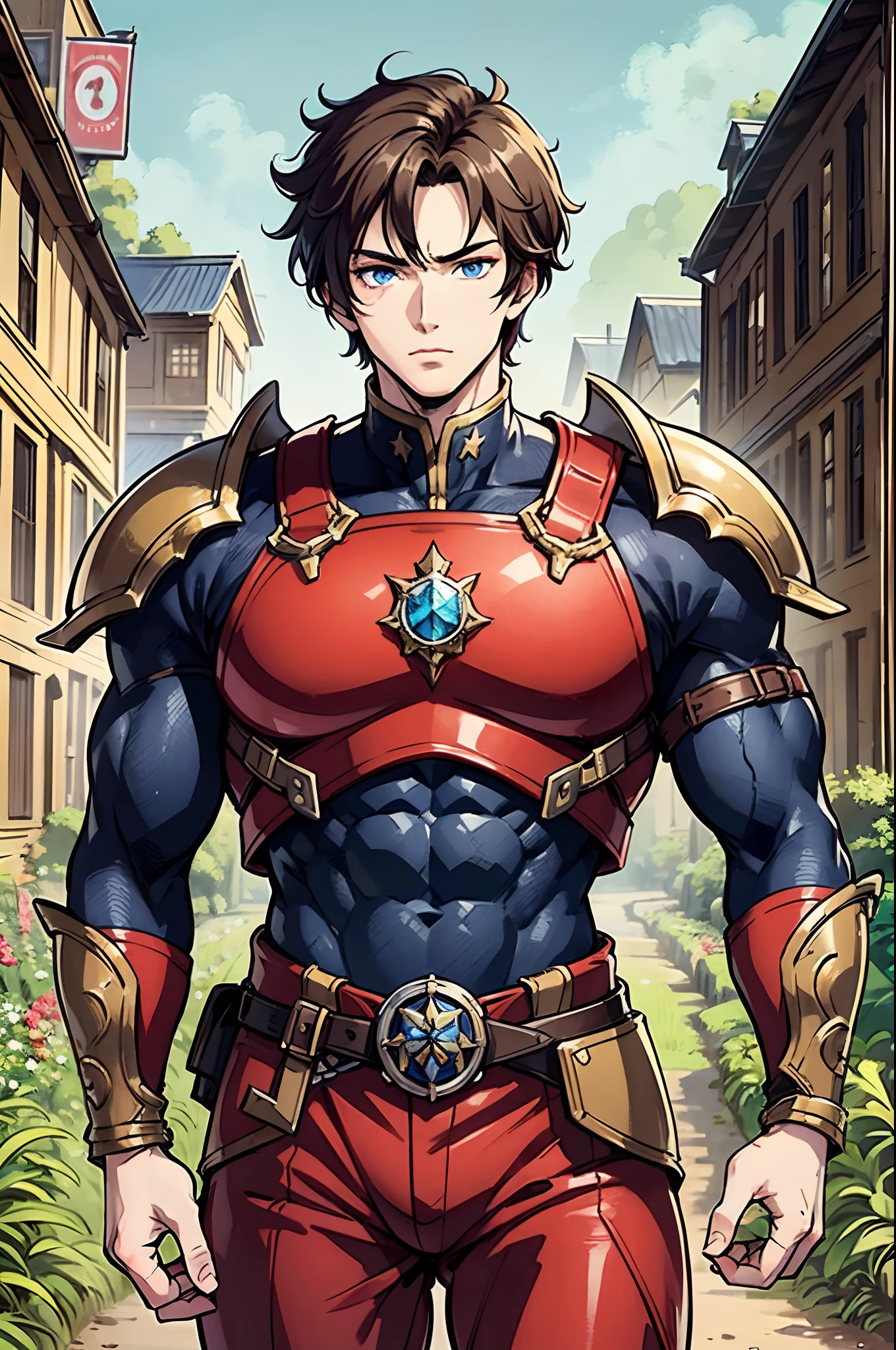 Adventurers Uniform, red clothing, black coat, young man, 20 years, light brown hair, short hair, blue eyes, detailed eyes, beautiful eyes, muscular, tall, 6.3 foot tall, serious pose, strong, masterpiece, detailed design, fields background, dirt path background, adventurer world