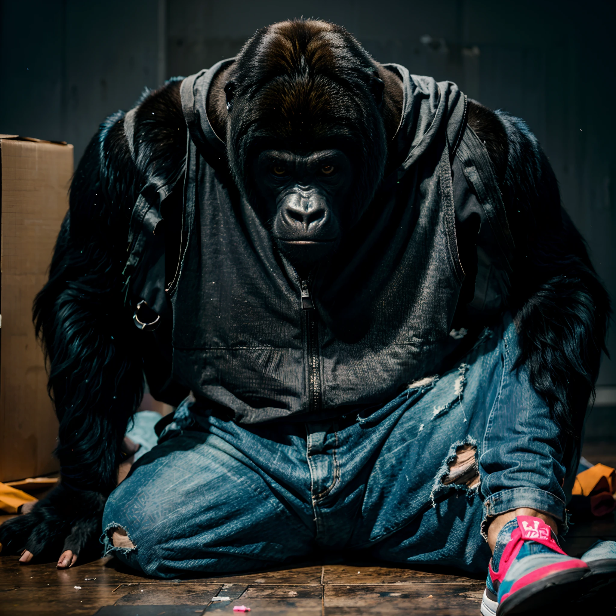 A gorilla wearing torn clothes, sitting on the floor, next to a box, looks angry, neon lights , high quality, high detail, 8k