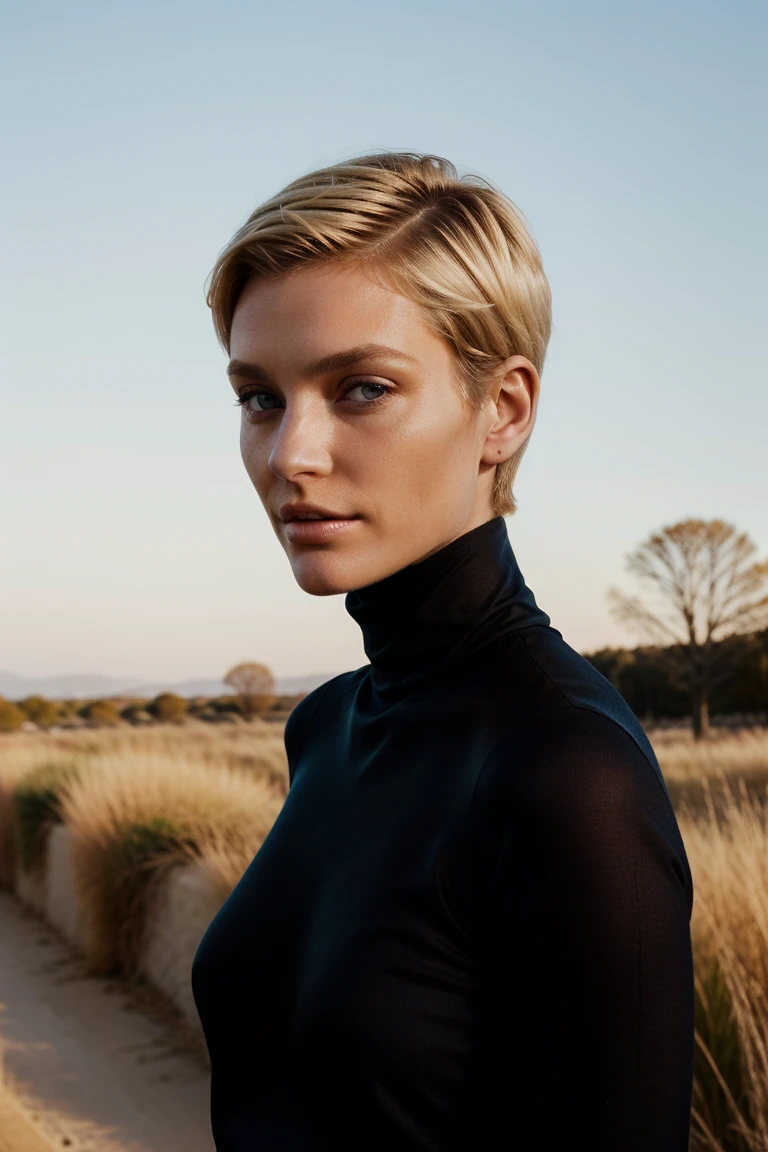 vogue female model, black turtleneck, blonde short hair, Contre-jour