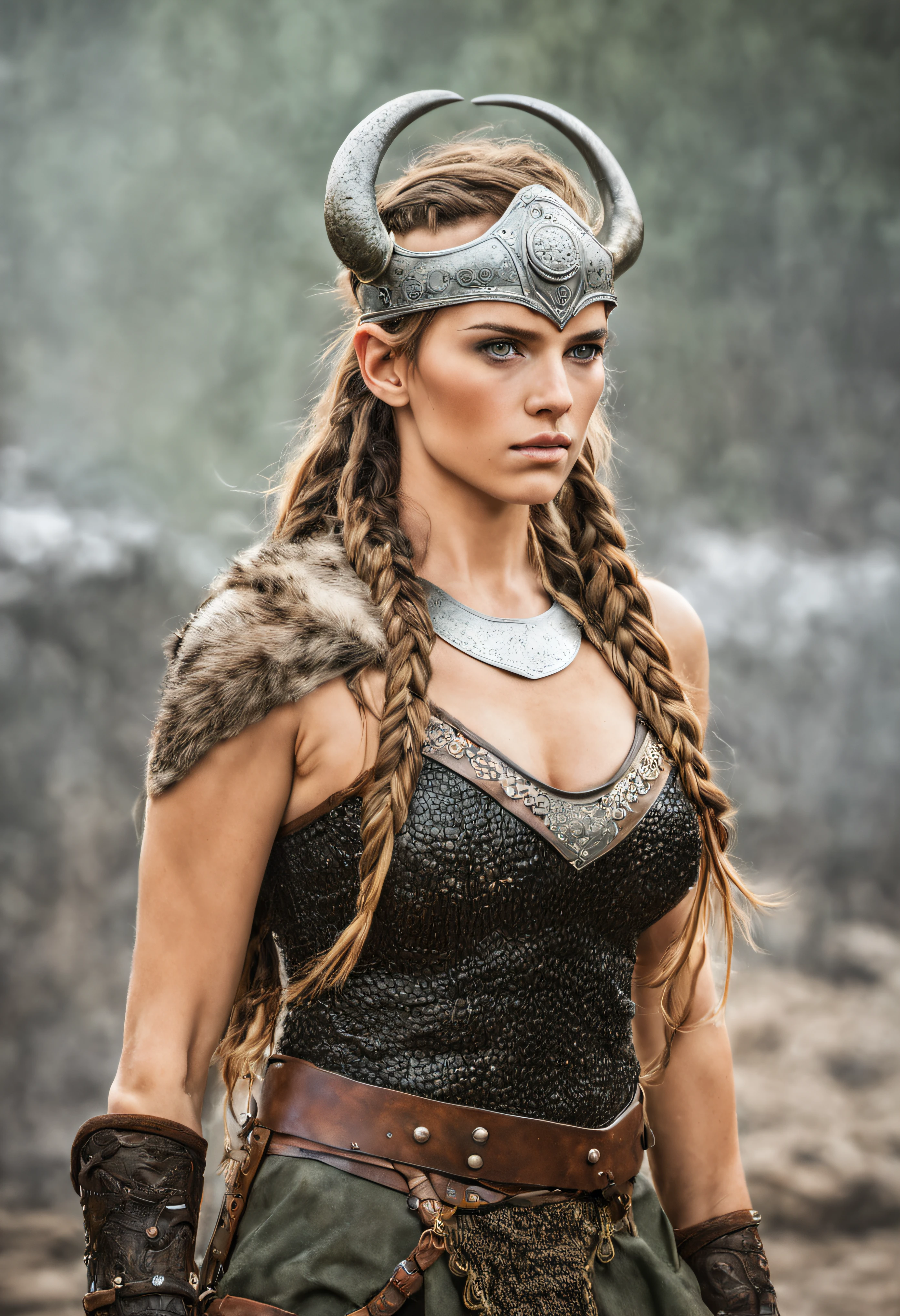 (cuerpo completo), guerrera vikinga, bellisima de ojos verdosos, con sus trenzas rubias largas, su casco de hierro y su correaje y protectores de metal, que dejan entrever un vestido sucio y rasgado con su minifalda sexy, por el fragor de la batalla, Stands in war zone on dynamic walking with frowning, iluminacion de la hora dorada, (intrincados detalles de la maquina).imagen fotorrealista,nitidez maxima, calidad 8k.(obra maestra de calidad superior).