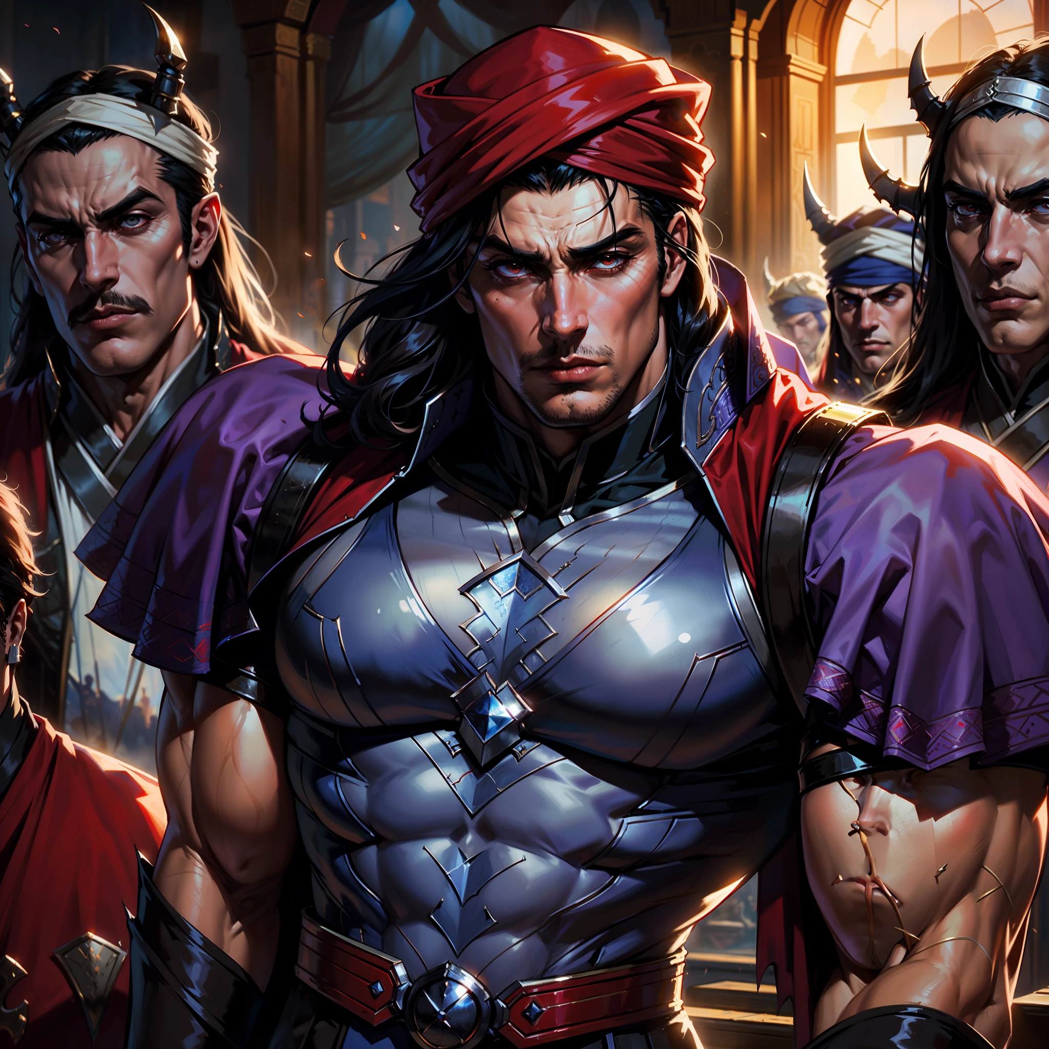 Castlevania Hyper Réaliste Seigneur de l’Ombre Super Détaillé Tir Dynamique Seigneur Dracula Pièce maîtresse Guerrier arabe médiéval avec turban rouge Visage effrayant Hokuto No Ken Structure Visage musclé Kenshiro Diriger des troupes Armée de démons pour combattre des détails pointus Scènes cinématiques Film épique Film légendaire Zoom portrait hyper réaliste